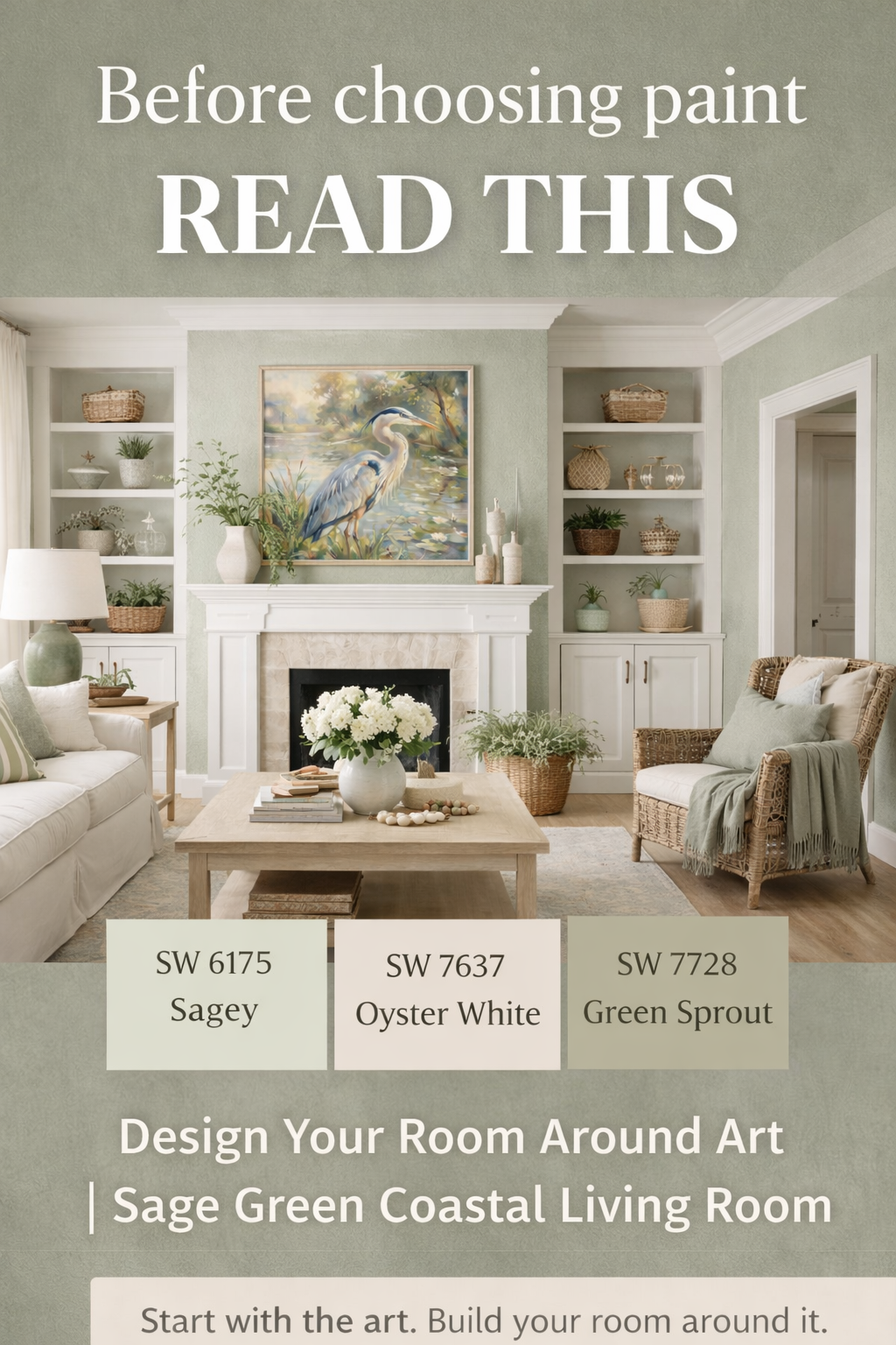 How to Design a Room Around Art: Coastal Green Living Room with Sage Paint Palette