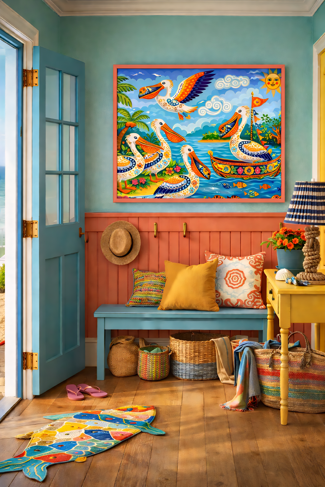 Tropical Color Scheme for Coastal Homes: Benjamin Moore Caribbean Blue, Coral & Yellow Color Palette