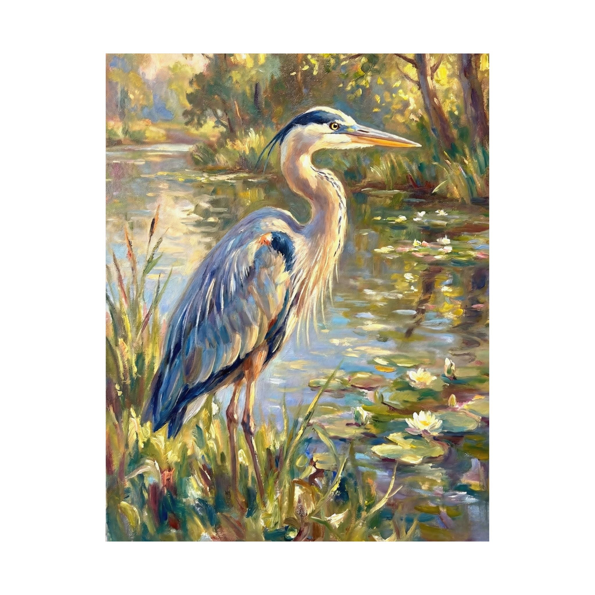 Great blue heron painting by a sunlit pond with lilies, impressionist brushstrokes, soft greens and golds, tranquil nature wall art. One alternate ratio shown.