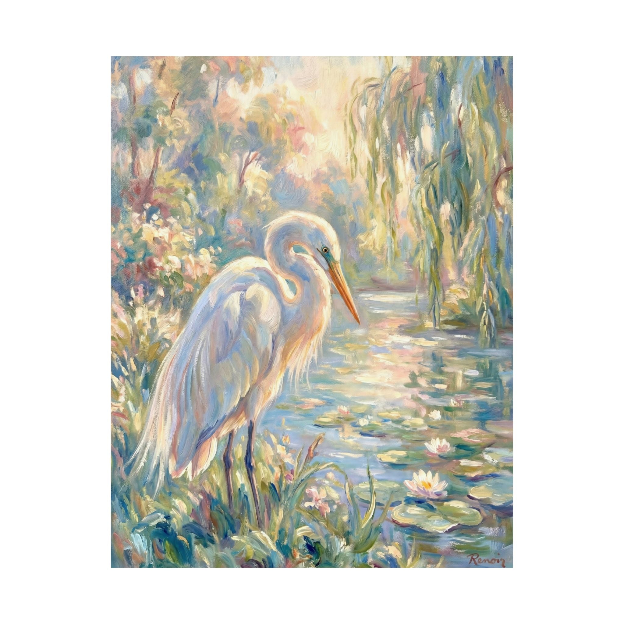 Painting of a egret by a pond with lilies and trees