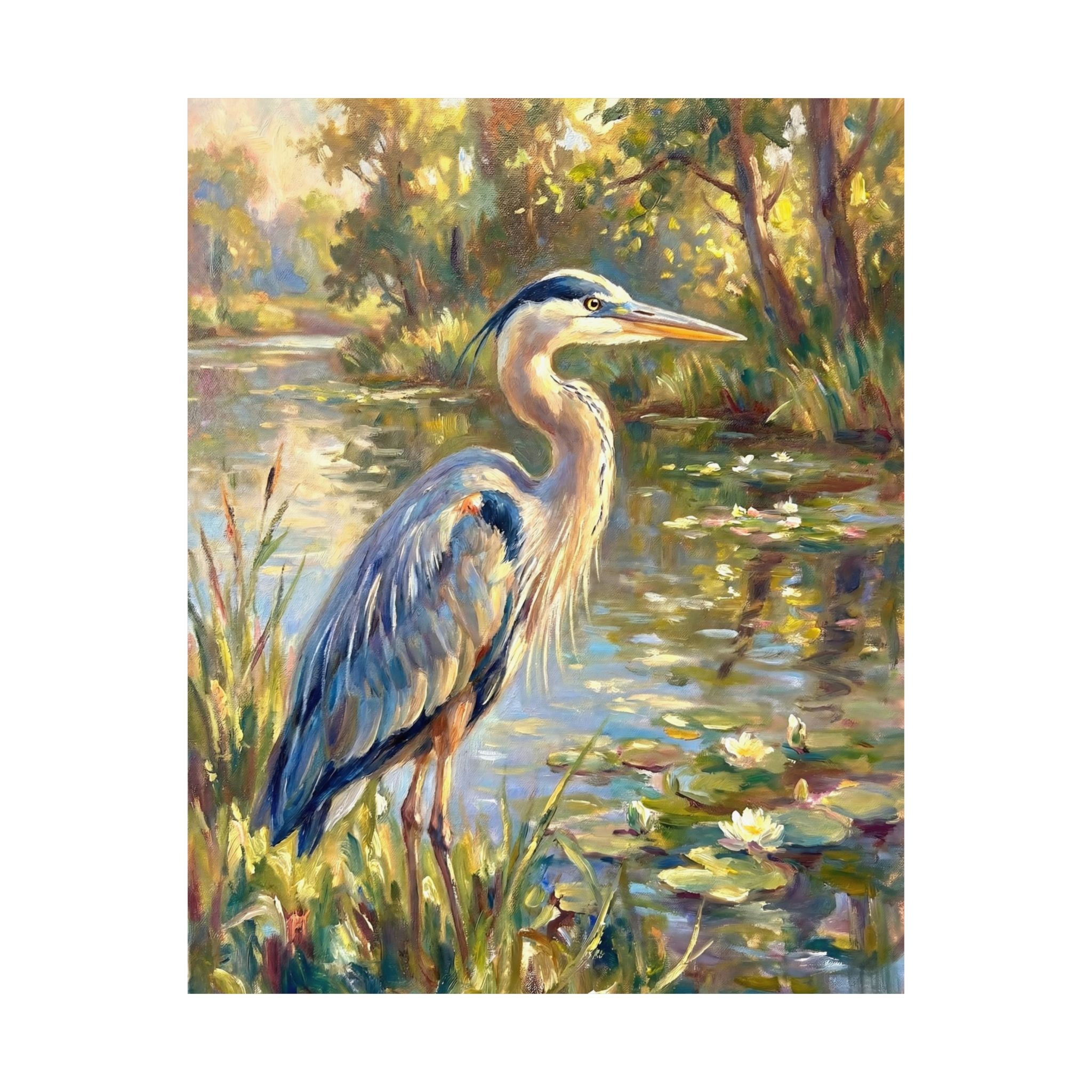 Great blue heron painting by a sunlit pond with lilies, impressionist brushstrokes, soft greens and golds, tranquil nature wall art. One alternate ratio shown.
