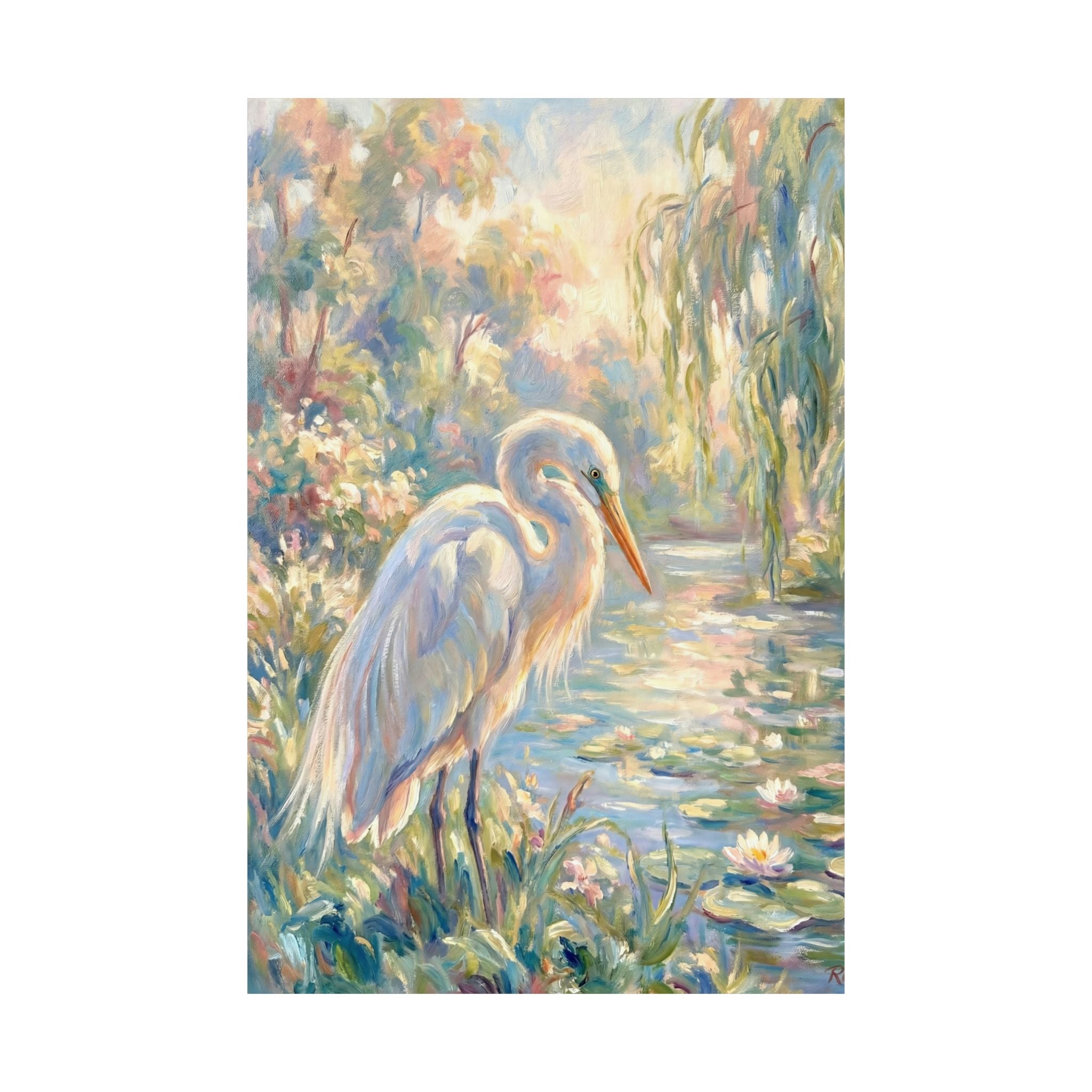 Painting of a egret in a natural setting with water and plants. Alternate ratio shown.