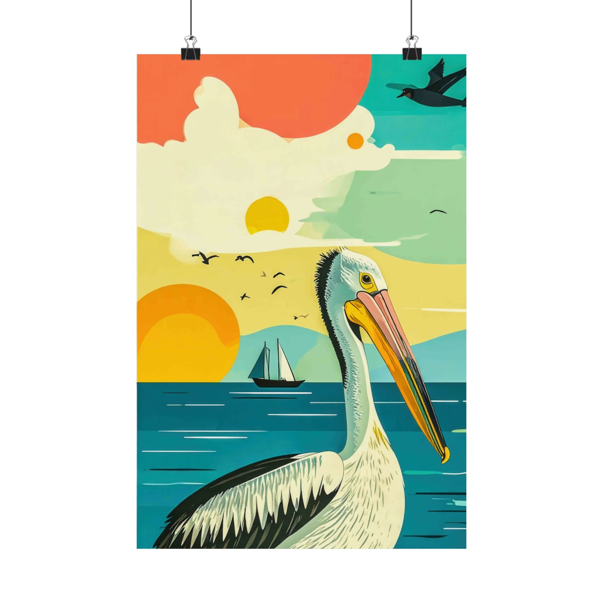 Colorful mid century  illustration of a pelican by the sea with a sailboat and sunset.