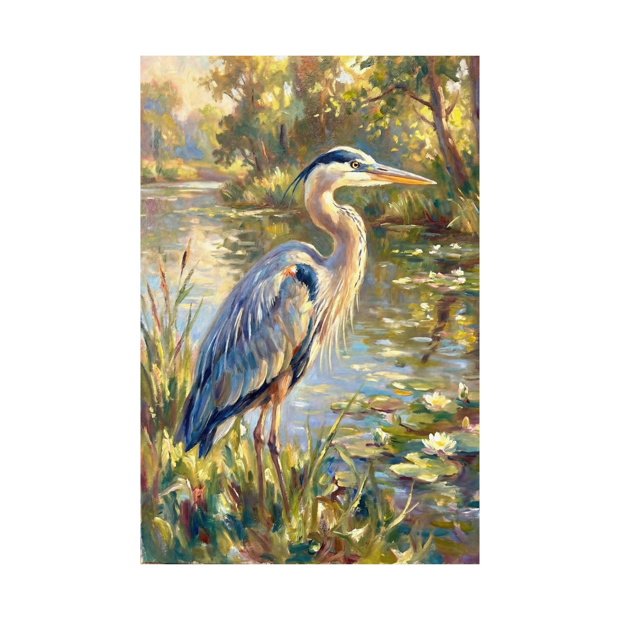Great blue heron painting by a sunlit pond with lilies, impressionist brushstrokes, soft greens and golds, tranquil nature wall art. One alternate ratio shown.