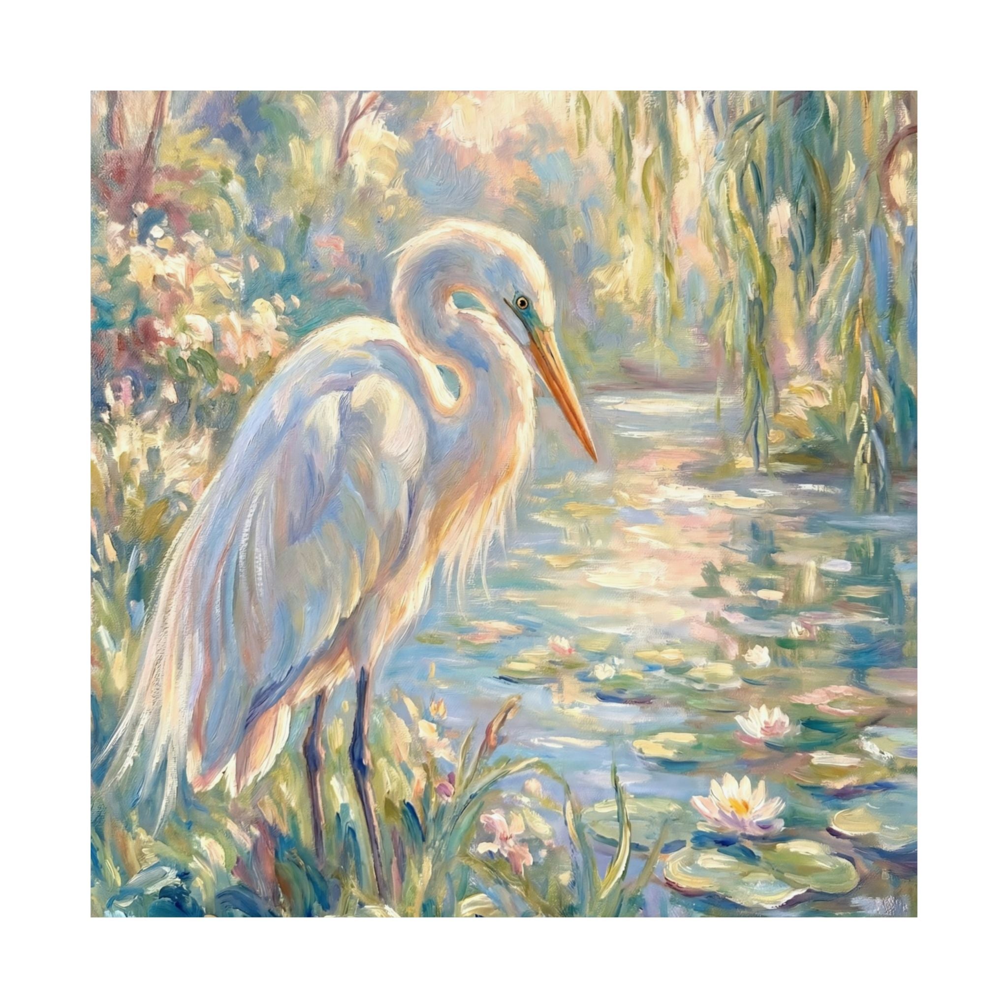 Painting of a egret in a natural setting with water and plants. Alternate ratio shown.