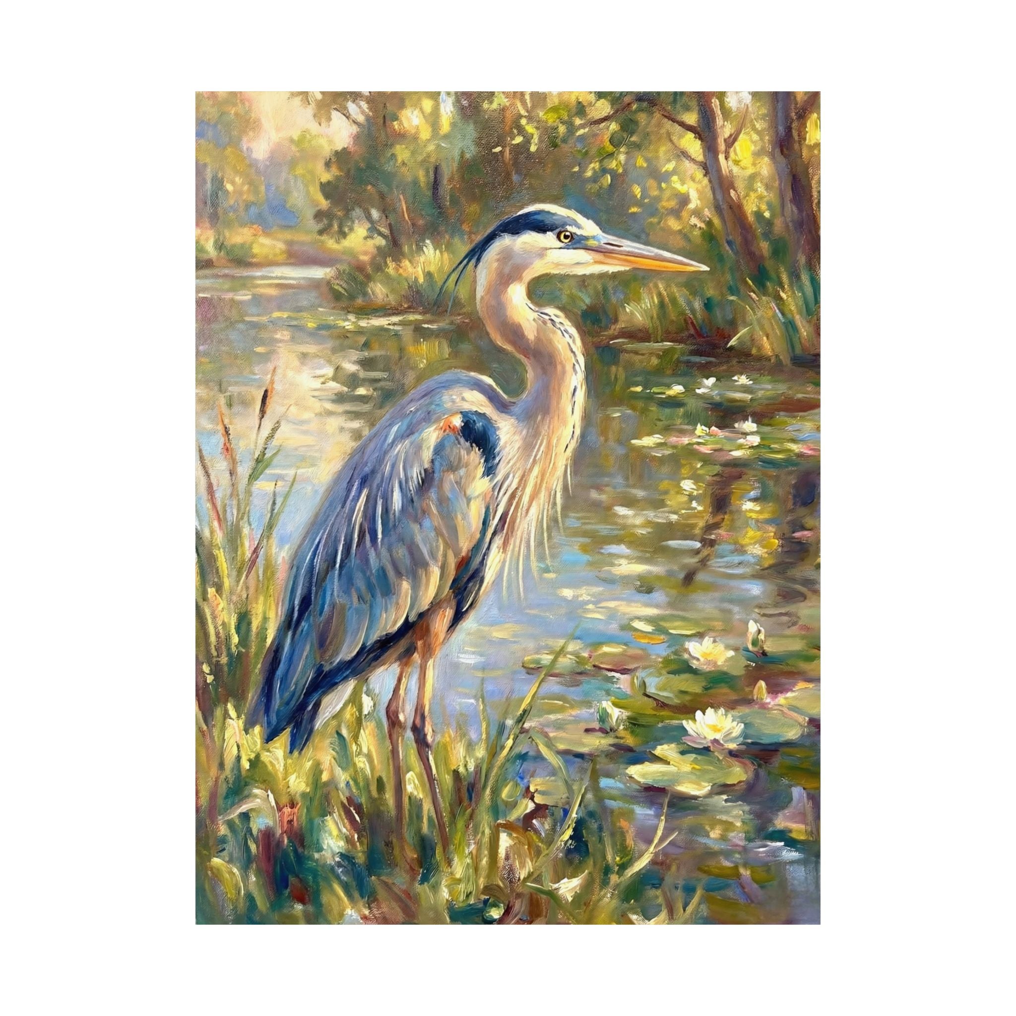 Great blue heron painting by a sunlit pond with lilies, impressionist brushstrokes, soft greens and golds, tranquil nature wall art. One alternate ratio shown.