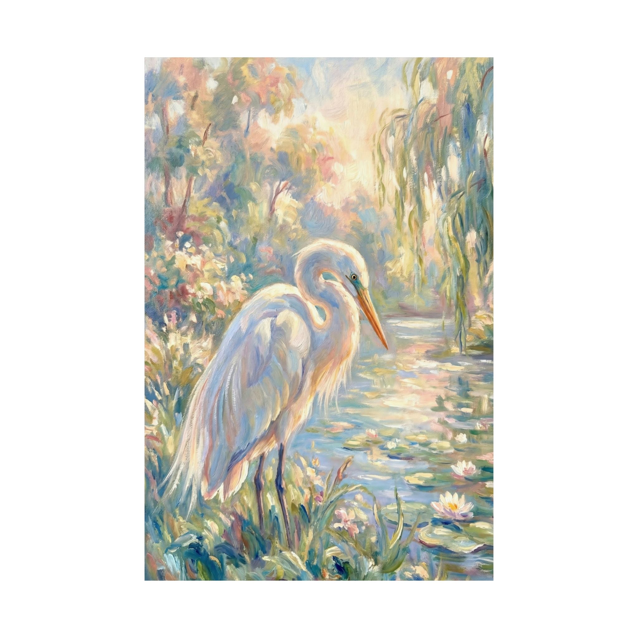 Painting of a egret in a natural setting with water and plants. Alternate ratio shown.