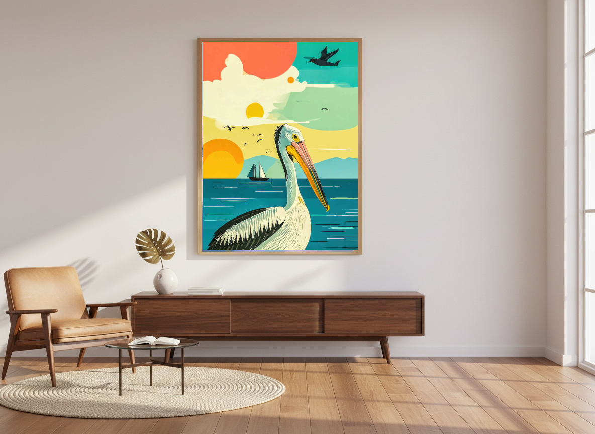Colorful framed artwork of a pelican on a wall in a mid Century modern living room.