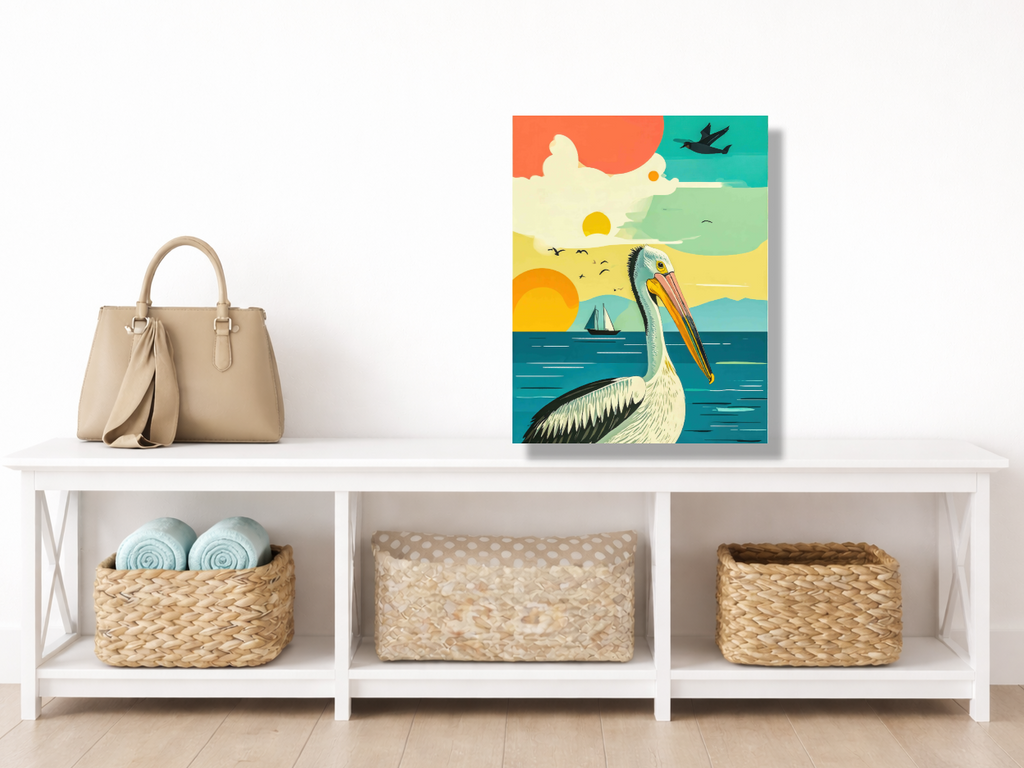 Colorful artwork of a pelican on a shelf with storage baskets and a handbag.