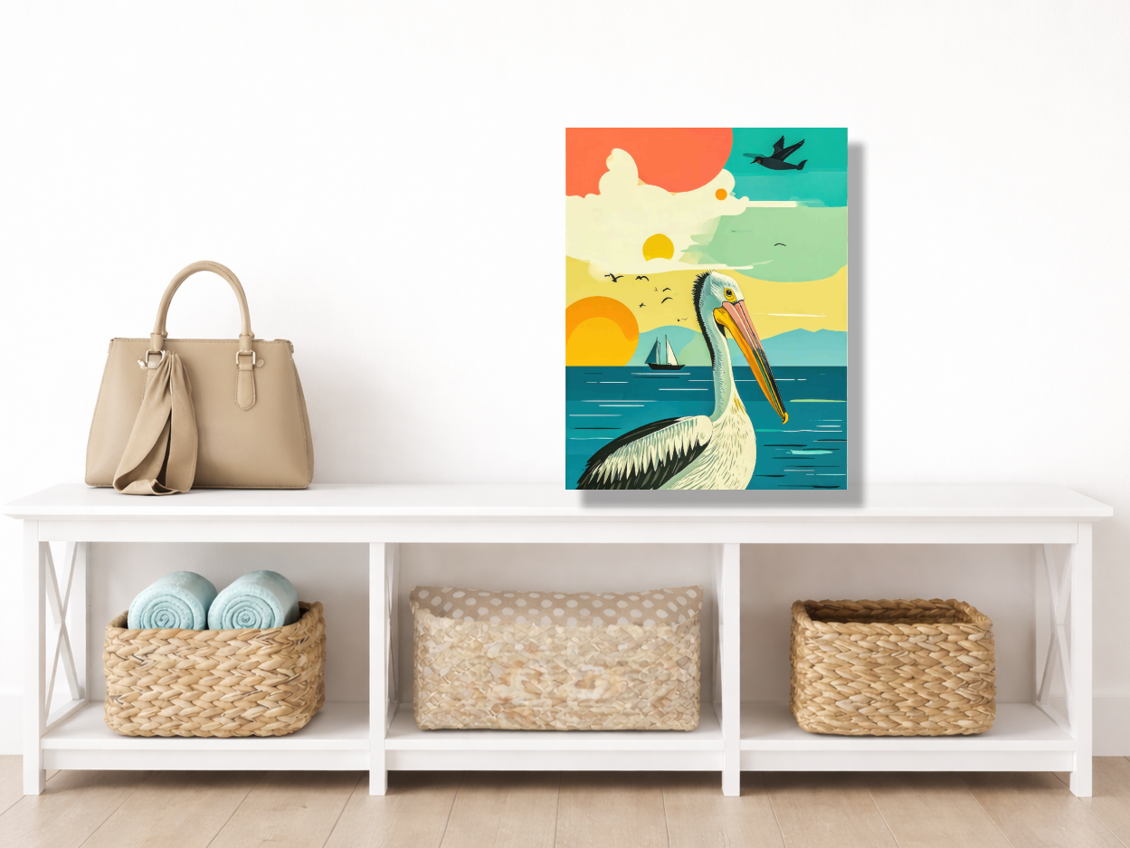 Colorful artwork of a pelican on a shelf with storage baskets and a handbag.