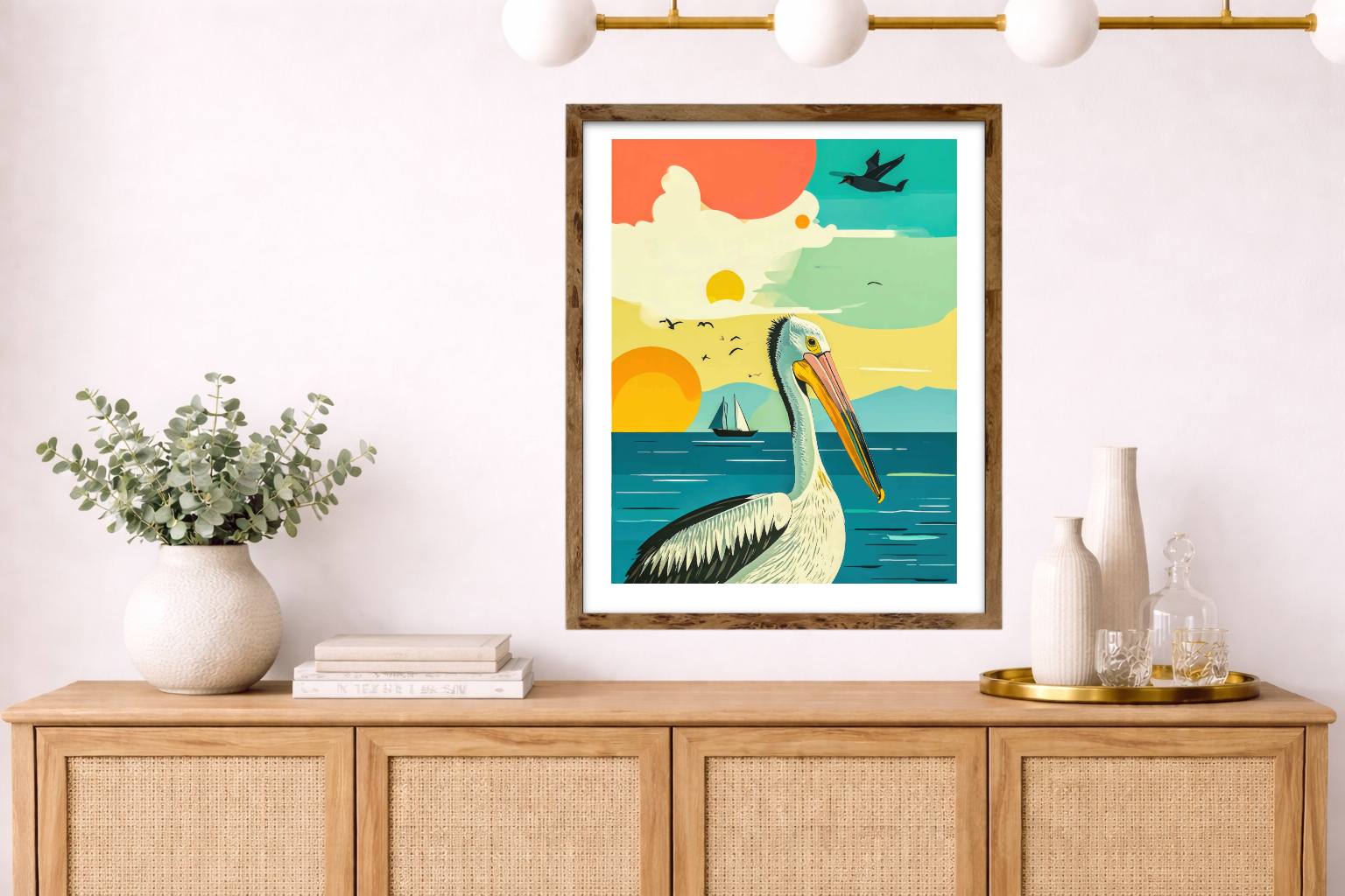 Colorful framed artwork of a pelican on a wall above a wooden cabinet.