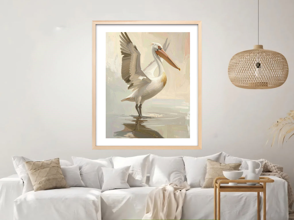Framed artwork of a pelican on a wall above a white sofa with decorative pillows.