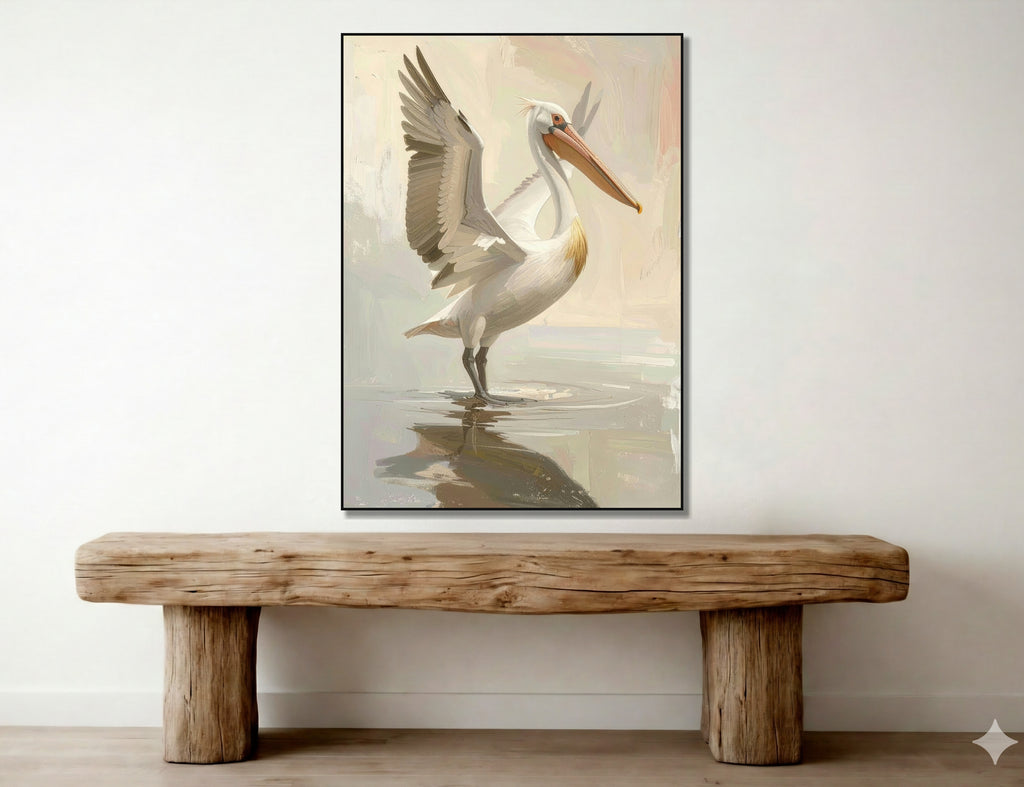 Wooden bench in front of a wall with a framed painting of a pelican.