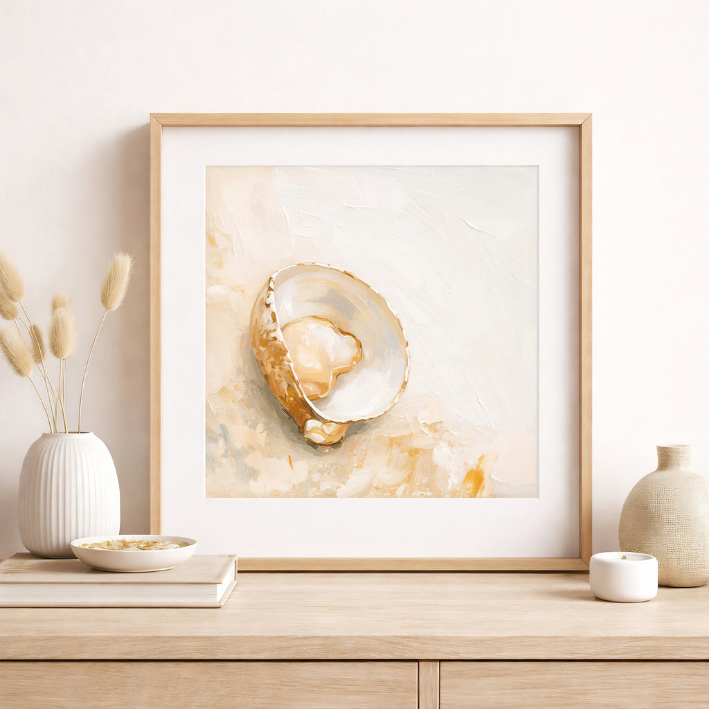 Neutral oyster shell wall art, minimalist coastal decor, soft beige textured painting, modern organic style, elegant seaside-inspired print, calming monochrome interior artwork.