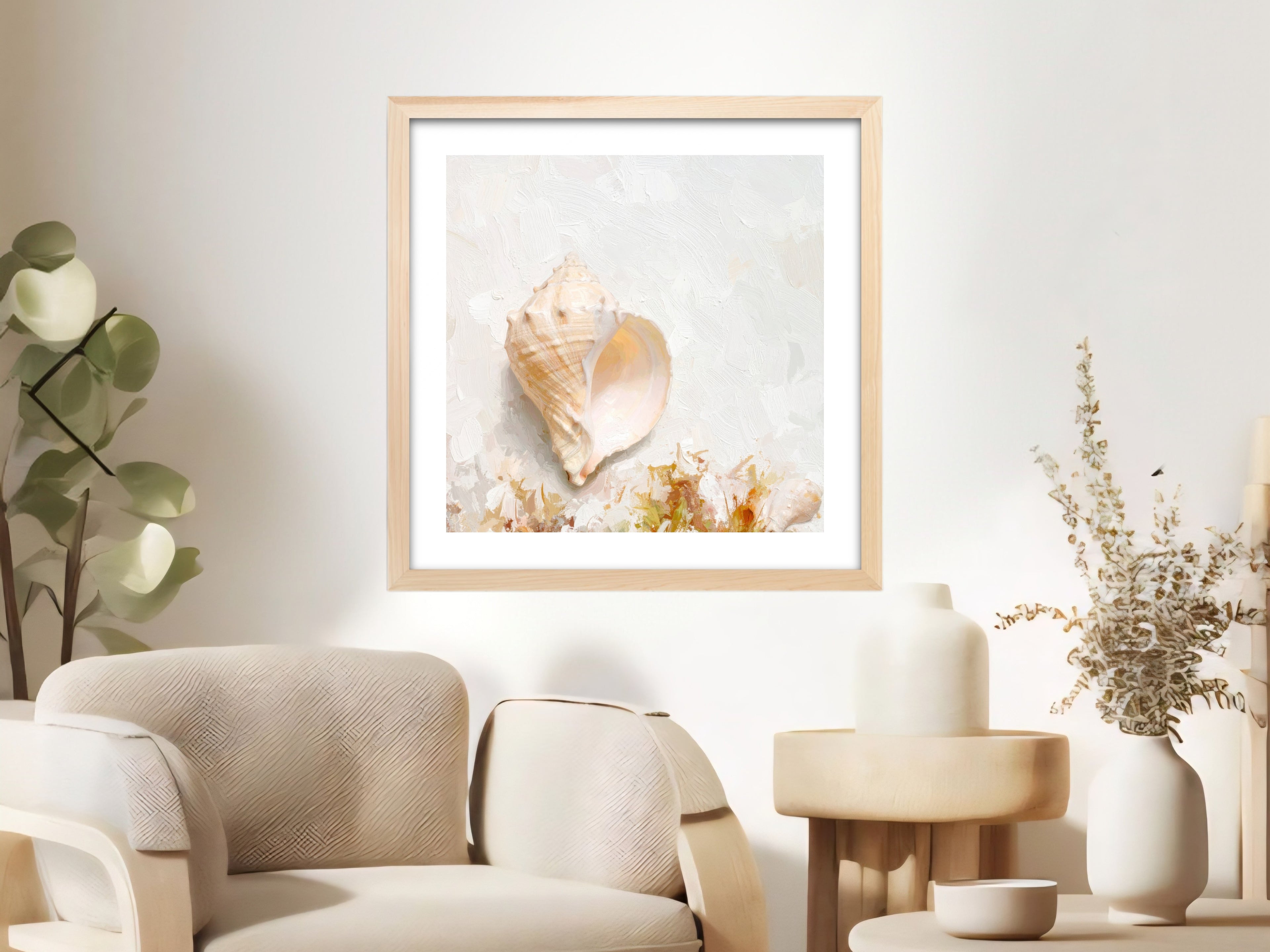 Neutral seashell painting wall art in soft coastal tones