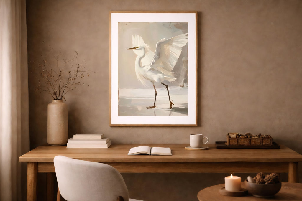 White egret digital download wall art in light wood frame above modern desk, warm neutral workspace with ceramics, books, and soft ambient lighting.