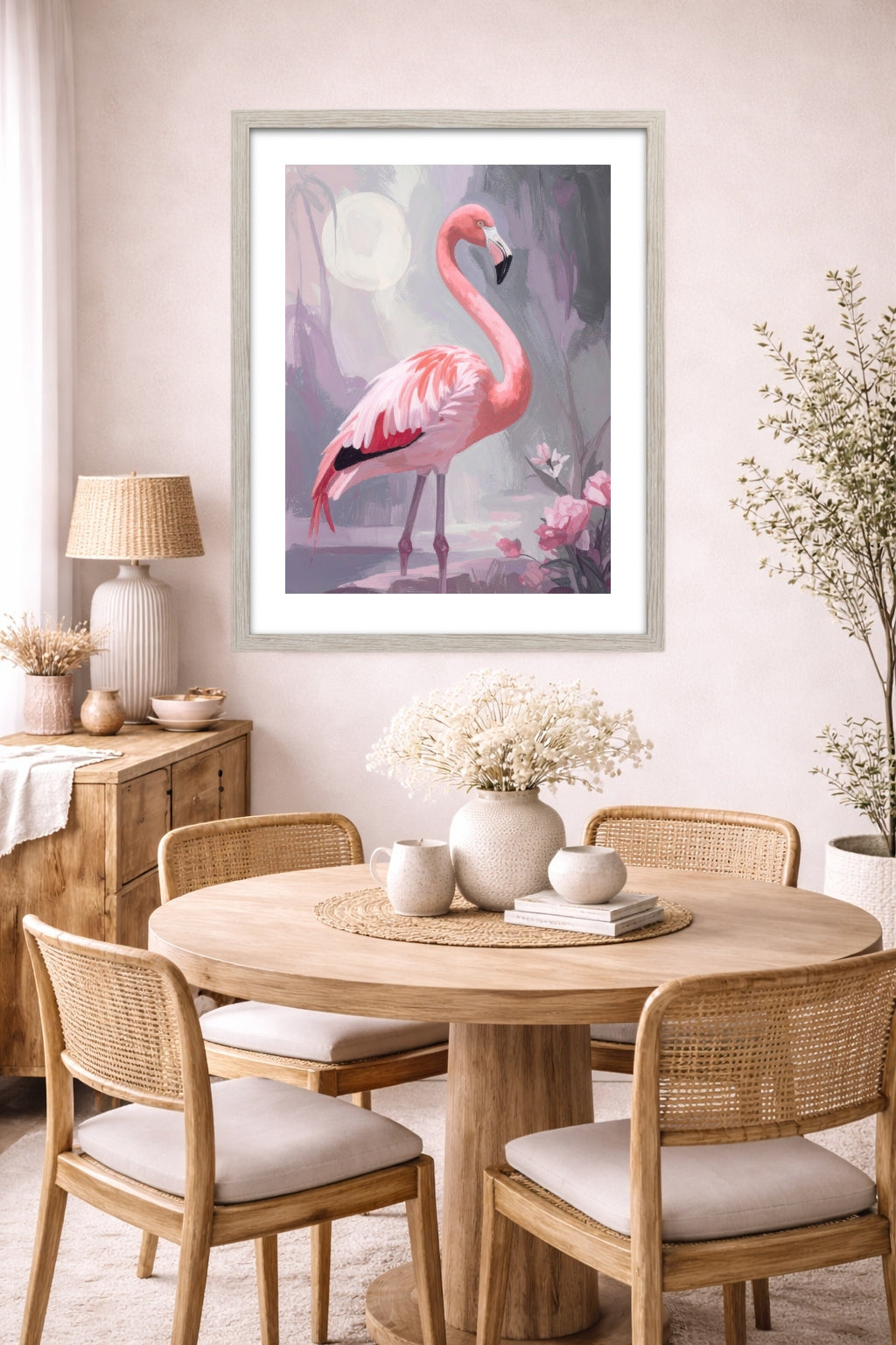Pink flamingo wall art in light wood dining room with round table, woven chairs, neutral decor, and soft modern farmhouse styling.