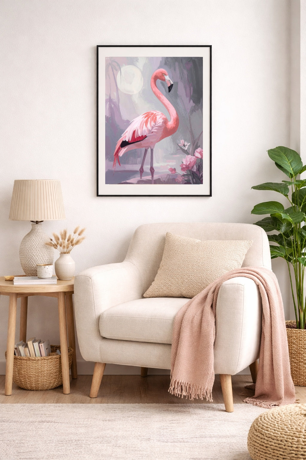 Pink flamingo wall art in soft neutral living room with beige armchair, wood side table, cozy textiles, and modern botanical accents.