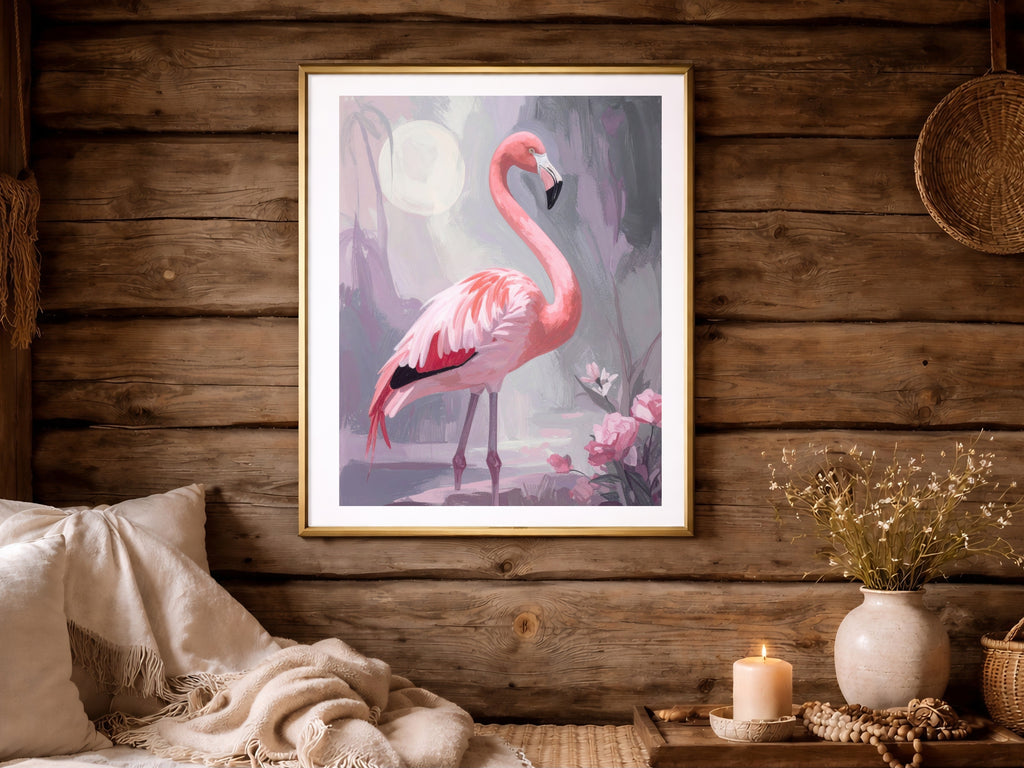 Framed pink flamingo wall art on rustic wood wall with cozy farmhouse decor, warm tones, candlelight, and textured textiles.