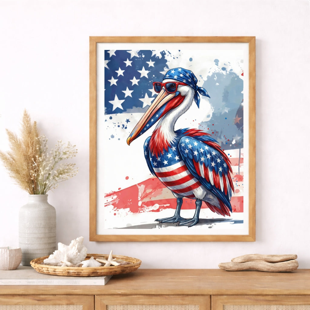 Digital artwork of a pelican with American flag design on a wall for party decorations 4th of July 250th anniversary 