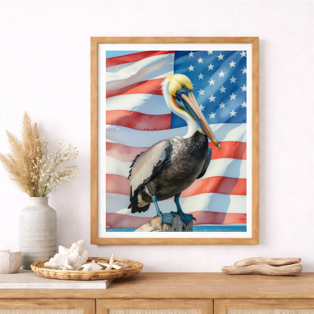 digitally downloaded artwork of a pelican in front of an American flag party decoration