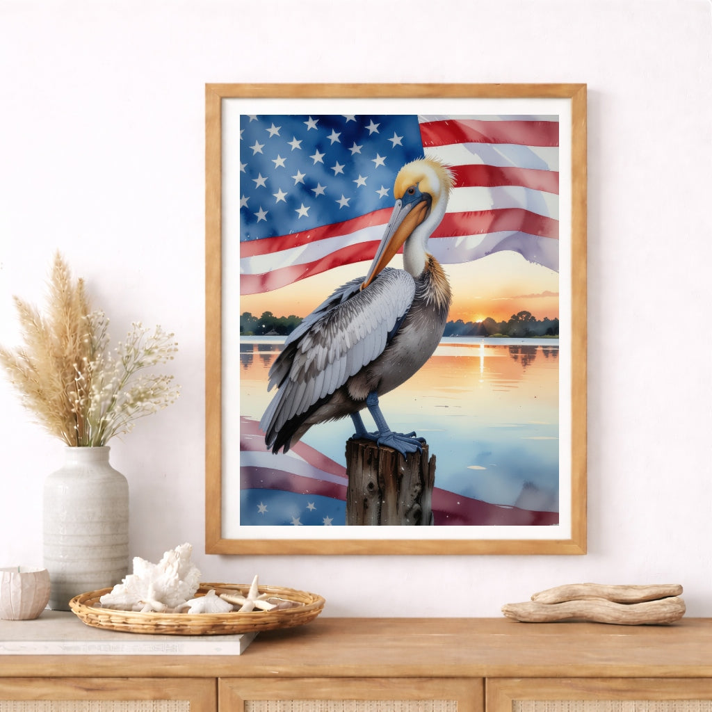 Digital artwork of a pelican with American flag design on a wall for party decorations 4th of July 250th anniversary 