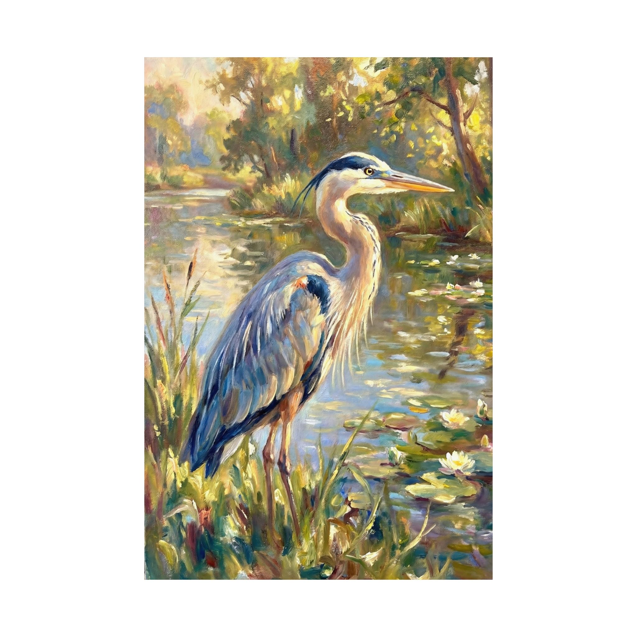 Painting of a heron standing in a marsh with trees and water in the background