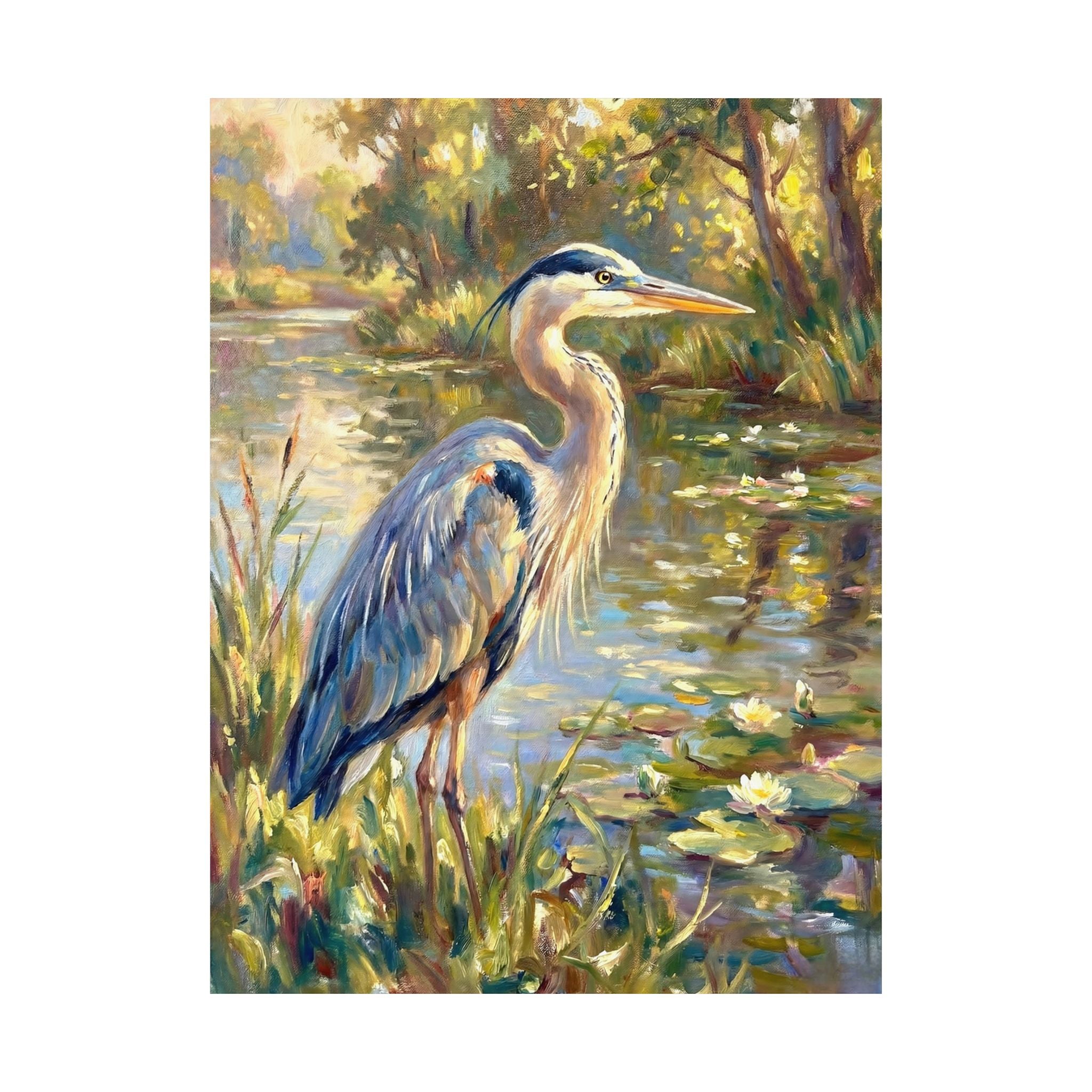 Great blue heron painting by a sunlit pond with lilies, impressionist brushstrokes, soft greens and golds, tranquil nature wall art. One alternate ratio shown.