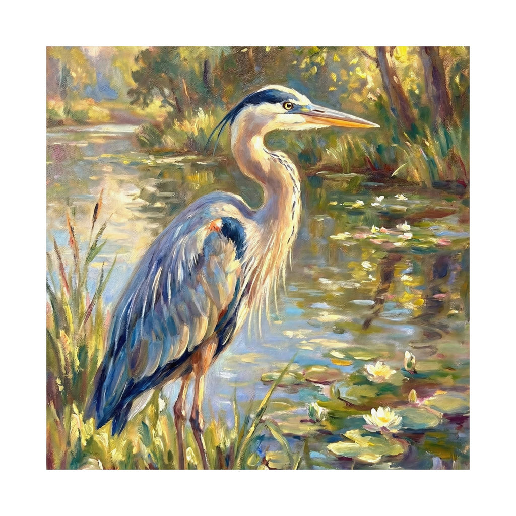 Painting of a heron standing in a pond with lilies