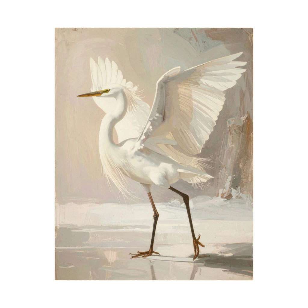 Elegant white egret painting with wings spread, soft neutral palette, minimalist background, graceful coastal bird wall art.