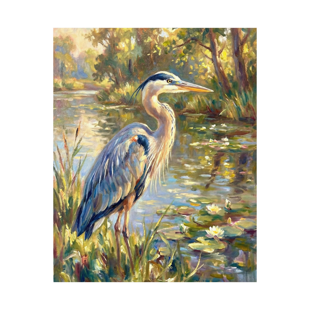 Great blue heron painting by a sunlit pond with lilies, impressionist brushstrokes, soft greens and golds, tranquil nature wall art. One alternate ratio shown.