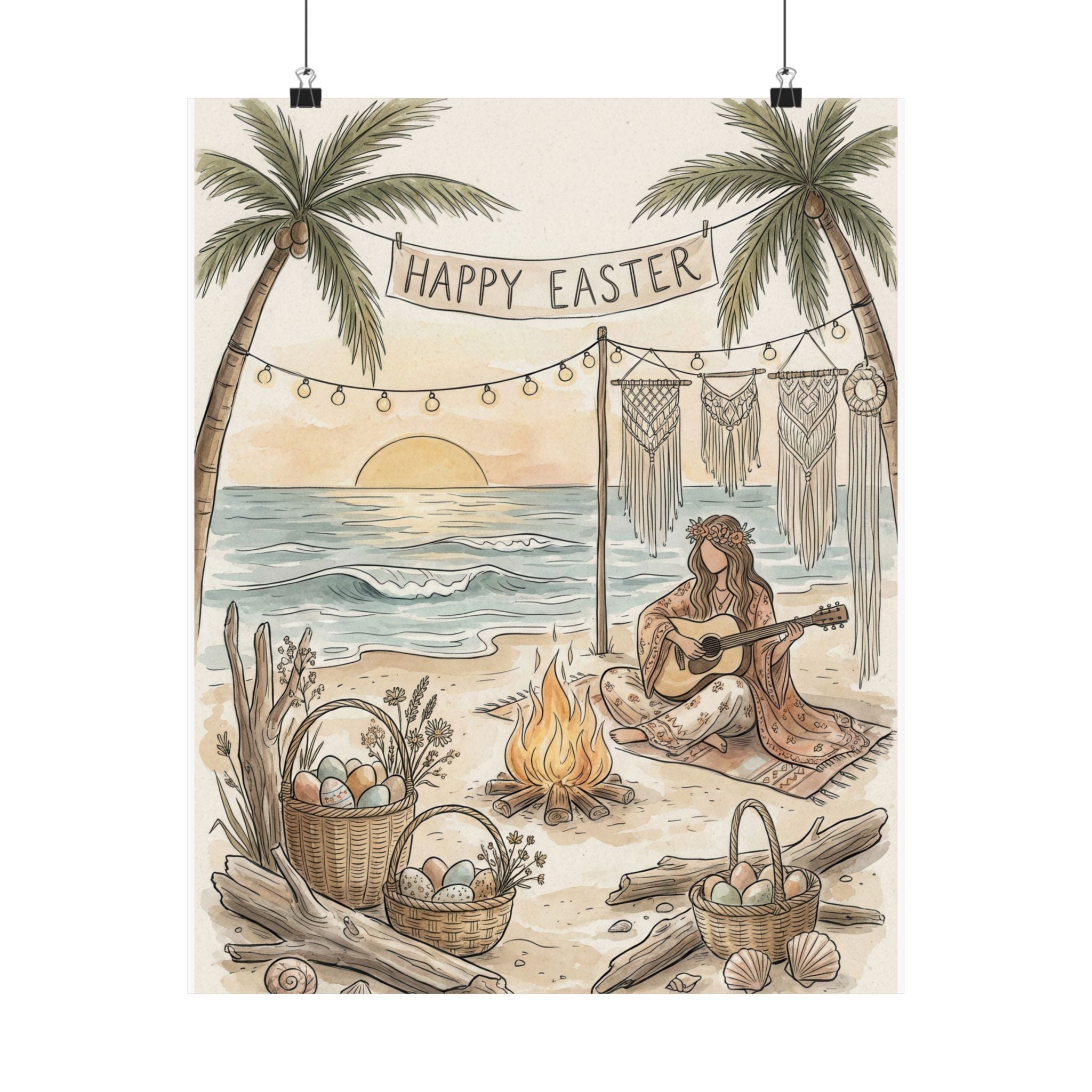 Bohemian Illustration of a person playing guitar by a campfire on a beach with 'Happy Easter' banner and Easter eggs.