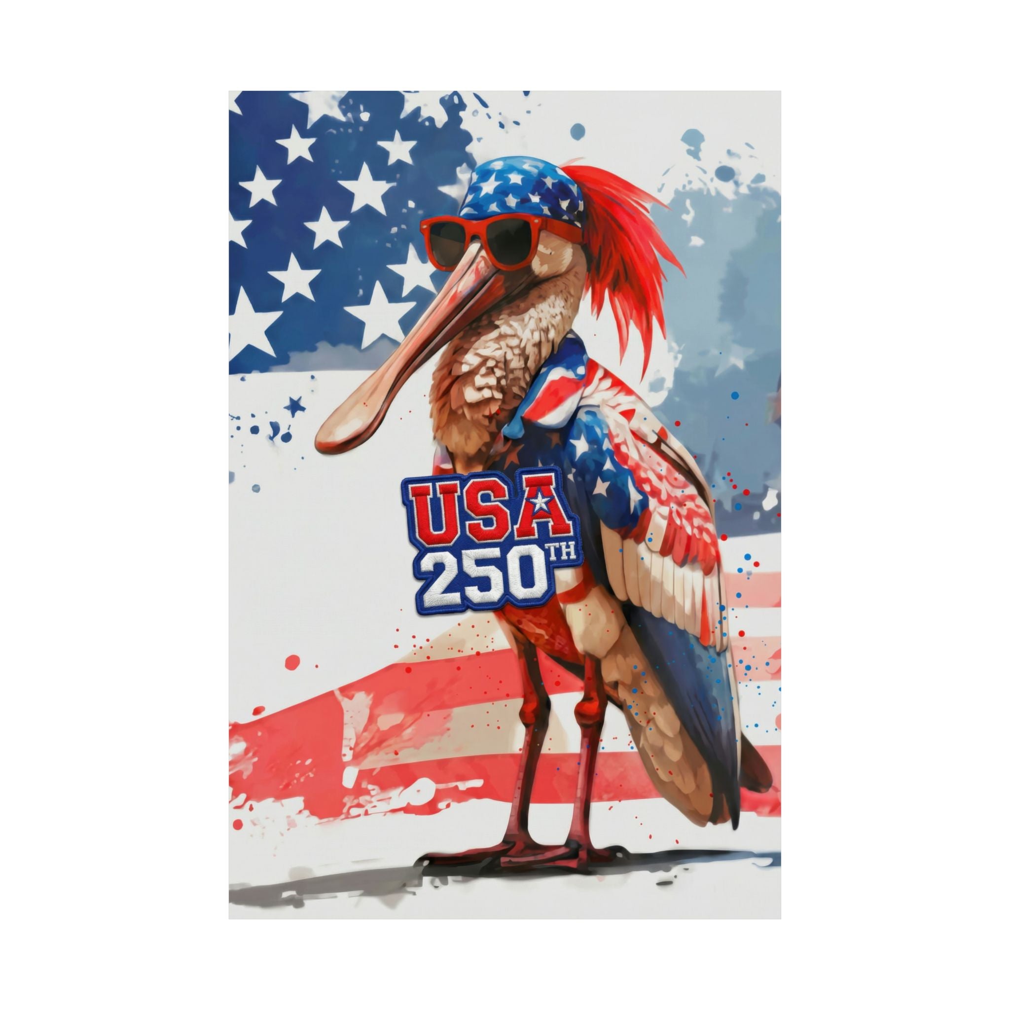 Illustration of a pelican with sunglasses and 'USA 250th' text against an American flag background
