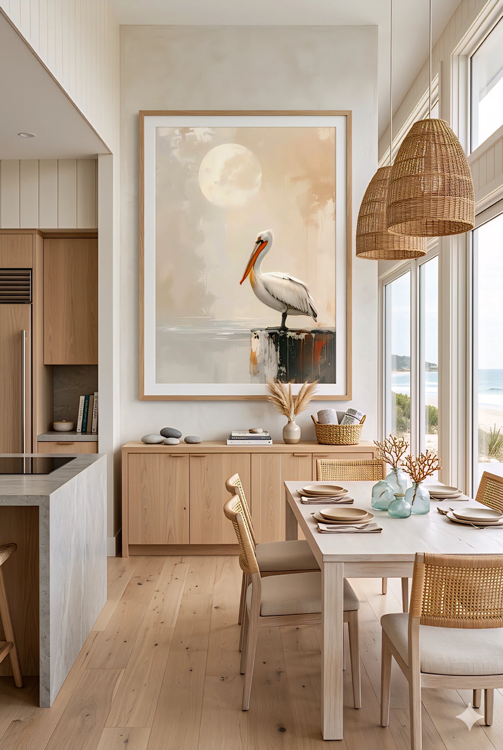 Coastal dining room decor with pelican wall art printable digital download displayed above a light wood sideboard in a beach house dining space.
