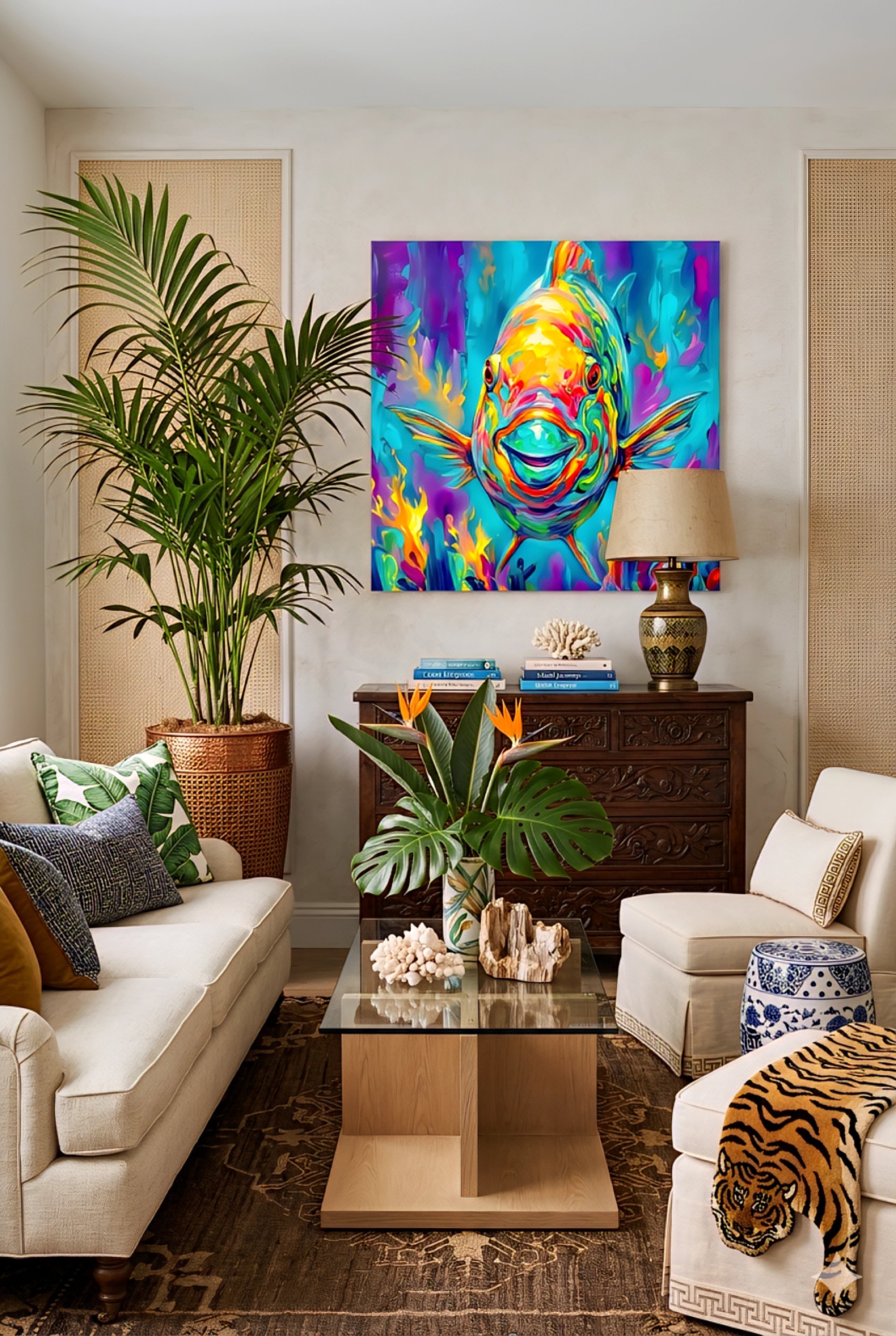 Colorful parrotfish wall art in bold neon tones displayed above a wooden dresser in a stylish living room, vibrant tropical fish artwork adding a modern statement to neutral decor with plants, layered textures, and warm wood accents.