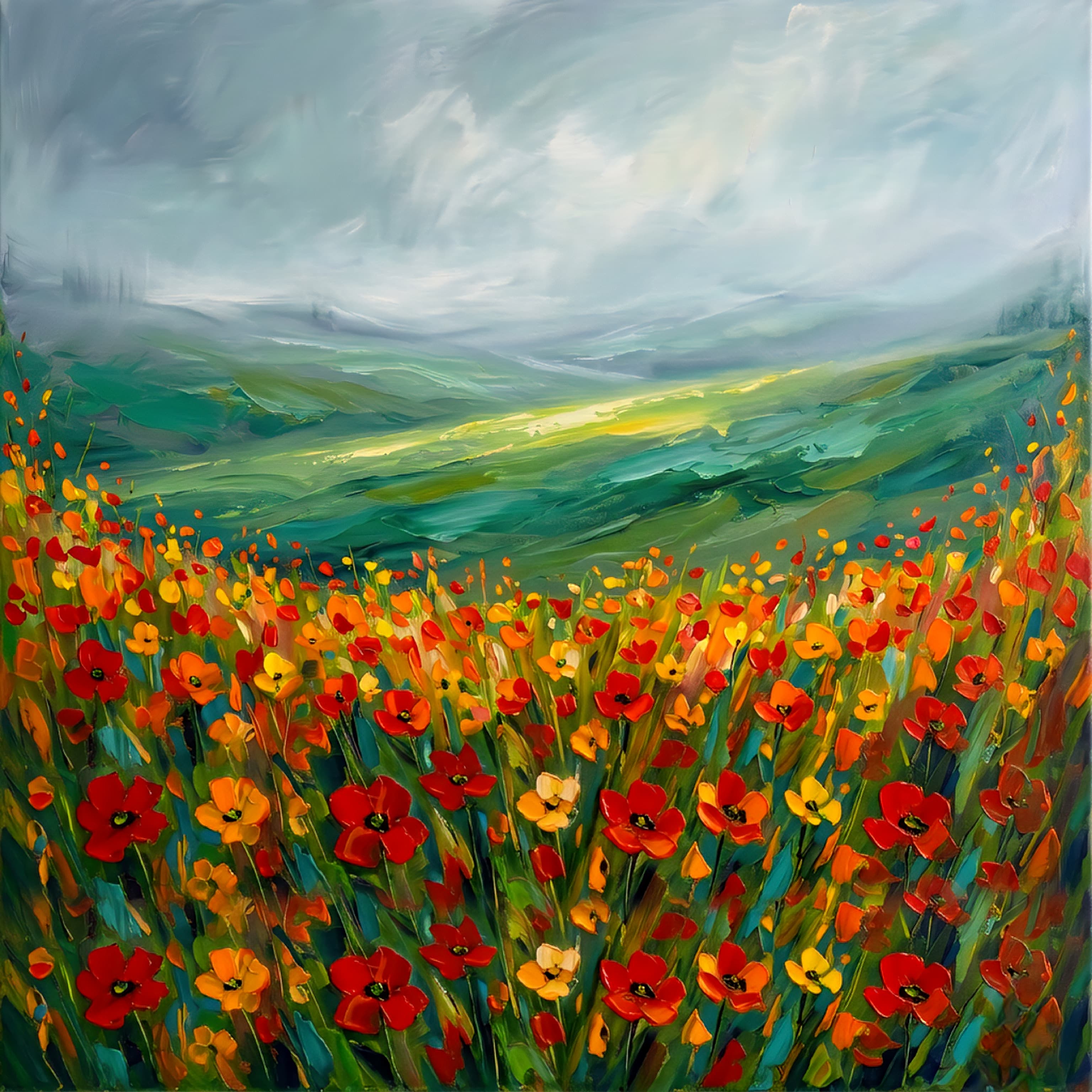 Square format stormy meadow poppy wall art printable with vibrant floral field and expressive sky, modern landscape digital download for large wall decor