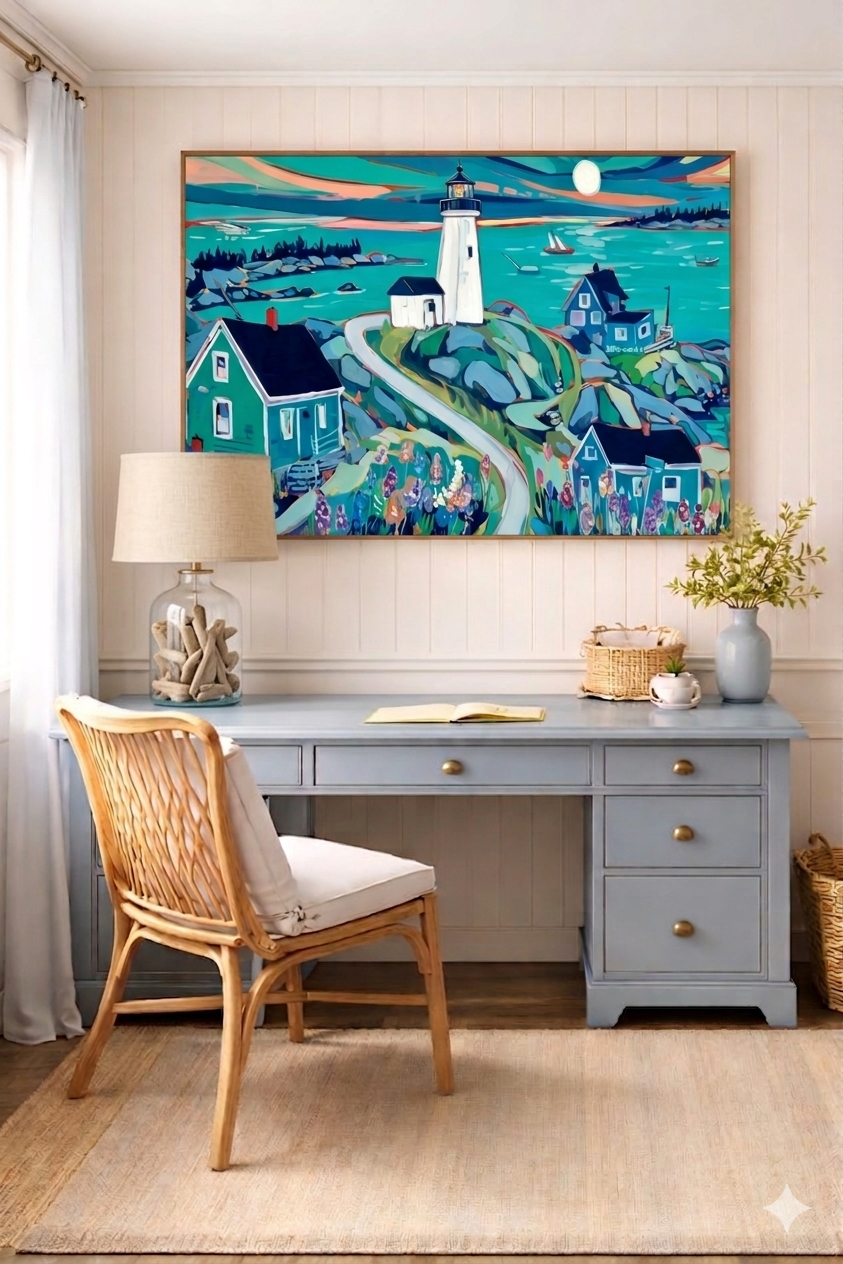 Coastal cottage home office with blue desk and woven chair, styled with a colorful lighthouse seascape wall art featuring ocean waves, sailboats, and seaside cottages, creating a relaxed beach house decor focal point, digital download wall art