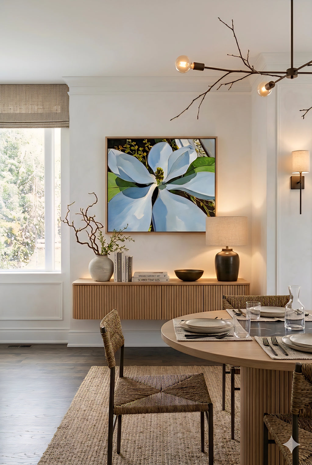 Magnolia flower wall art printable in modern dining room, large white floral artwork above wood console, botanical digital download, neutral decor with warm lighting, woven textures and minimalist styling
