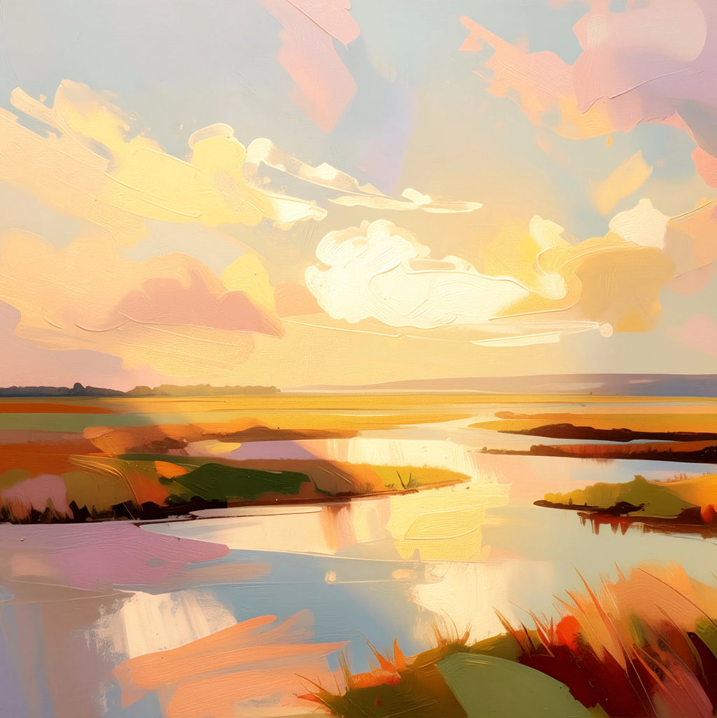Savvy Places low country marsh painting square format with pastel sunset sky, reflective tidal water, and soft coastal landscape tones