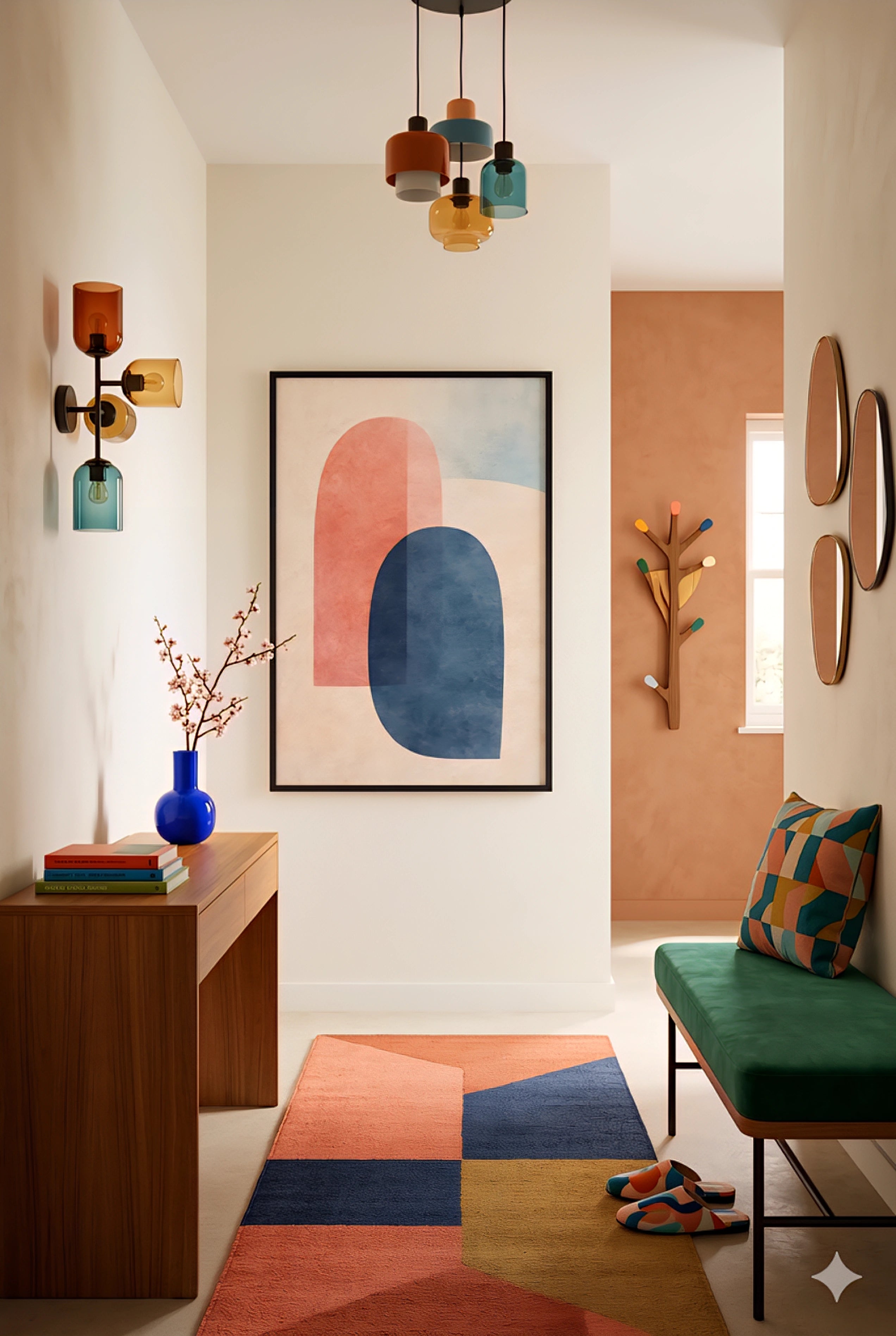 Modern interior entryway with colorful boho digital abstract art, rug, and decor elements.