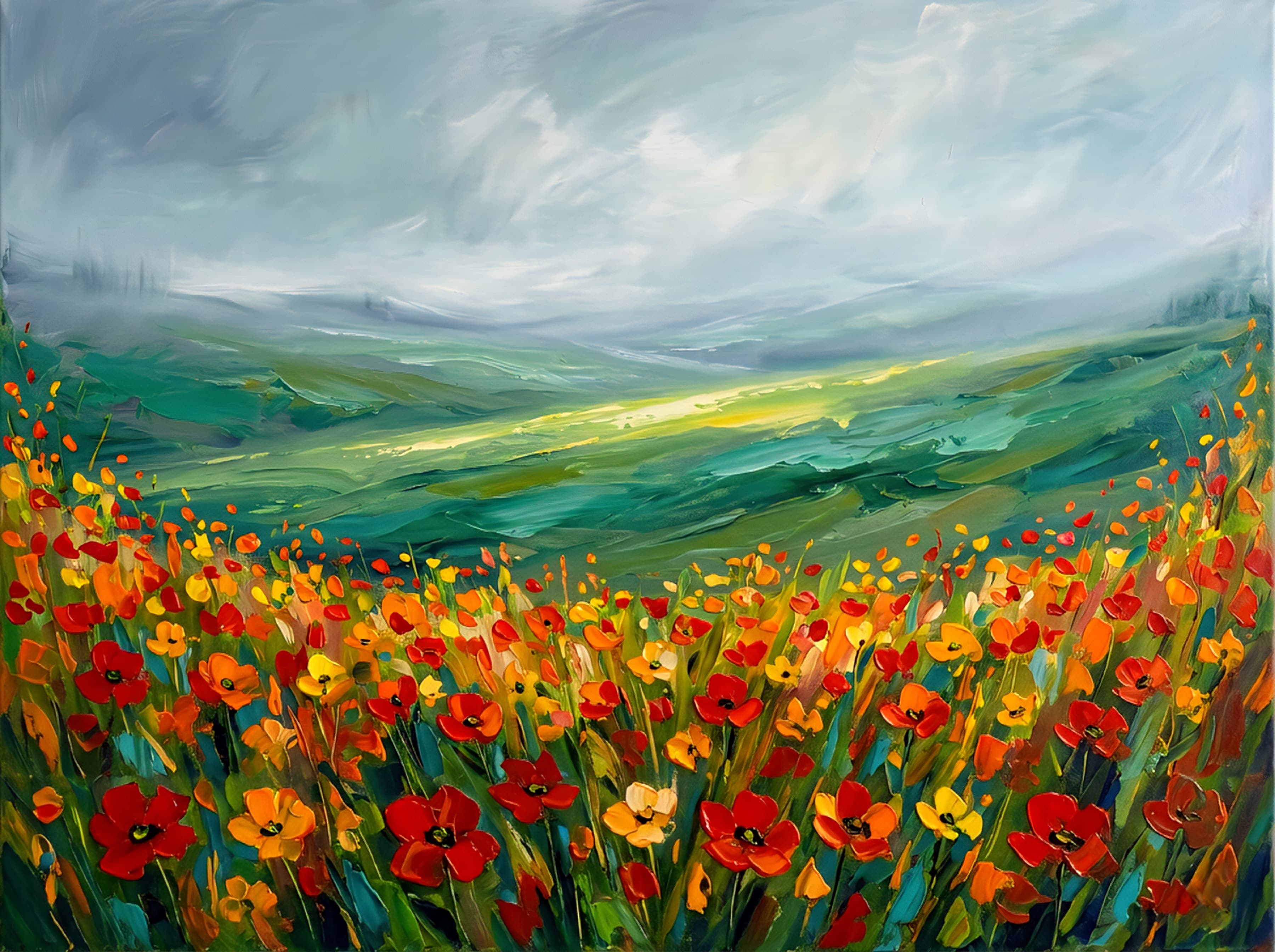 Stormy poppy field landscape wall art printable in horizontal format with sweeping green hills and moody sky, bold nature digital download artwork