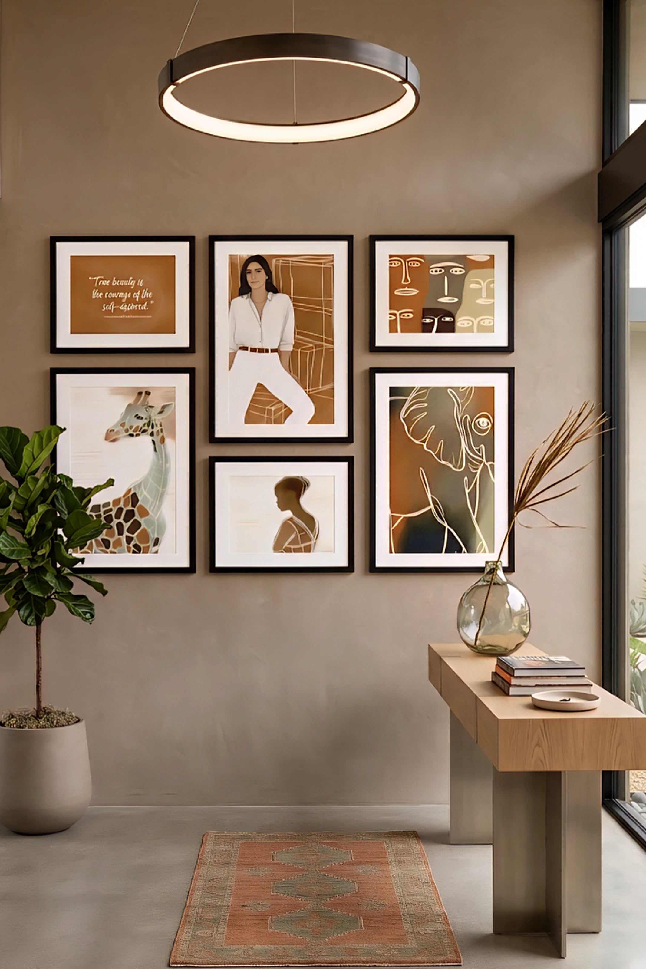 Earth tone safari gallery wall set of 6 with giraffe, elephant, abstract and portrait prints in modern neutral entryway