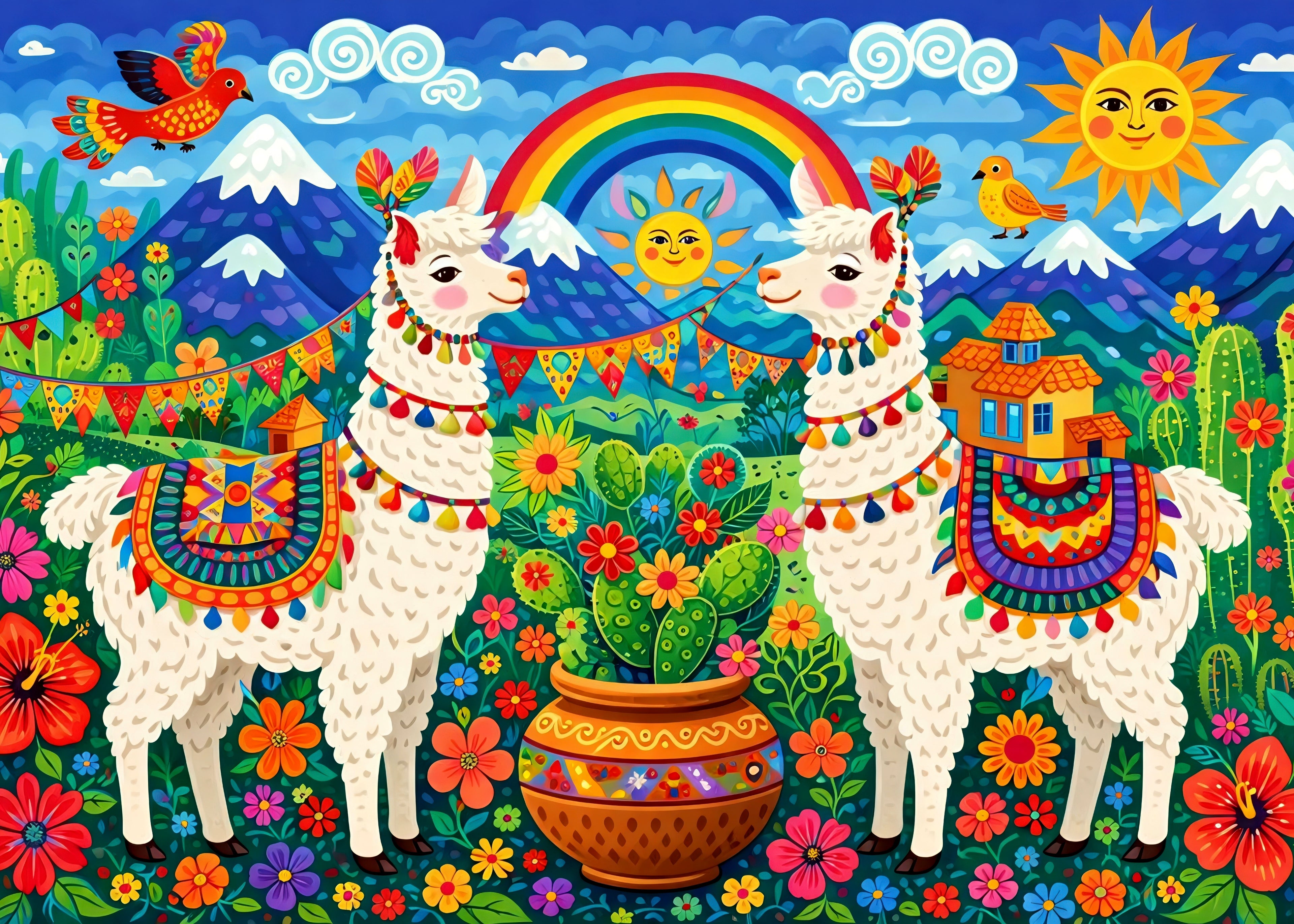 Colorful digital print  illustration of two decorated llamas with a rainbow, sun, and mountains in the background.