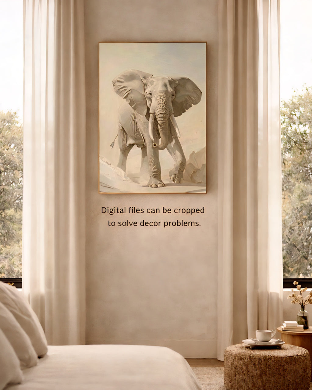 Neutral elephant wall art printable digital download displayed between two windows in calm neutral bedroom, wildlife printable wall art neutral decor digital download
