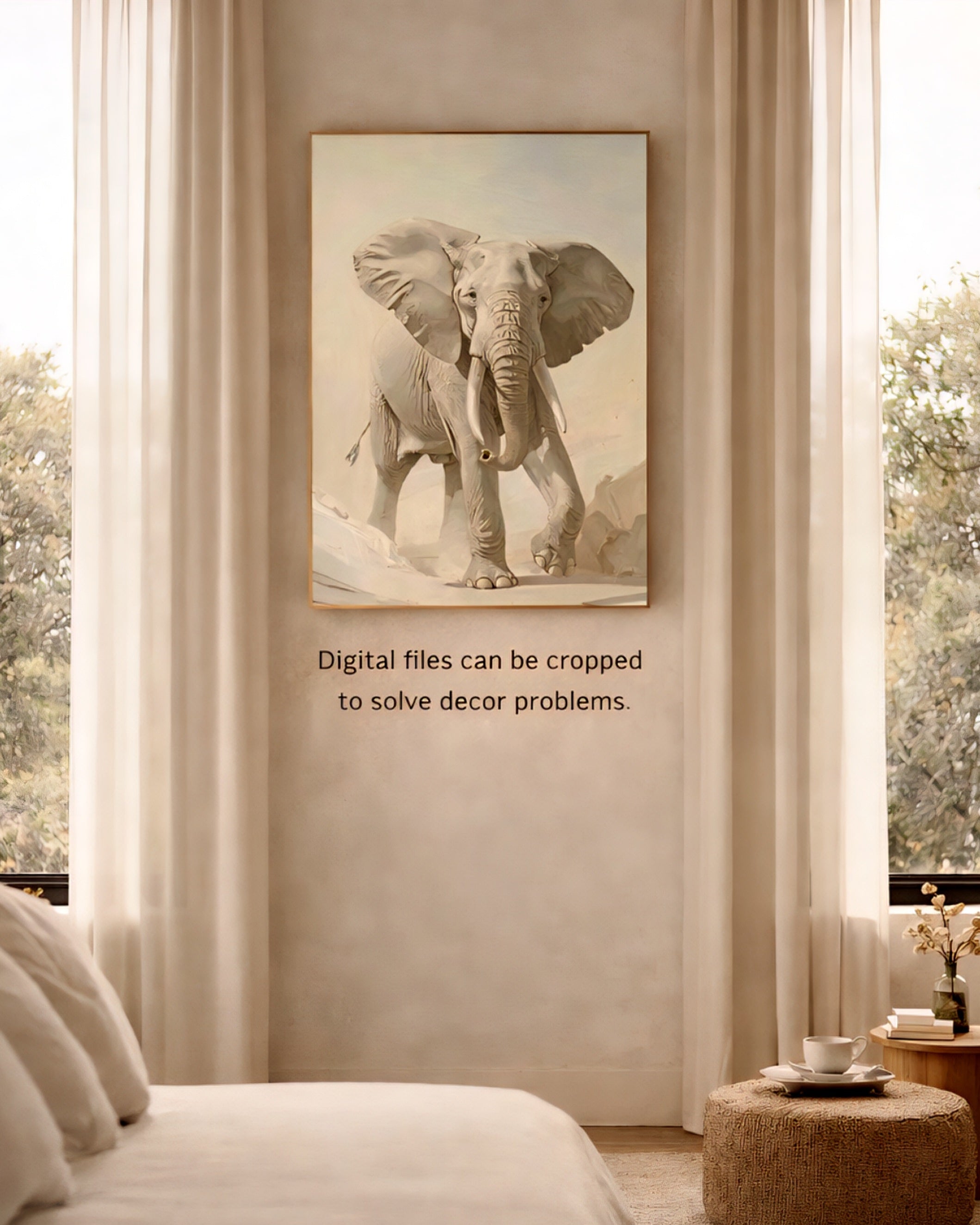 Neutral elephant wall art printable digital download displayed between two windows in calm neutral bedroom, wildlife printable wall art neutral decor digital download