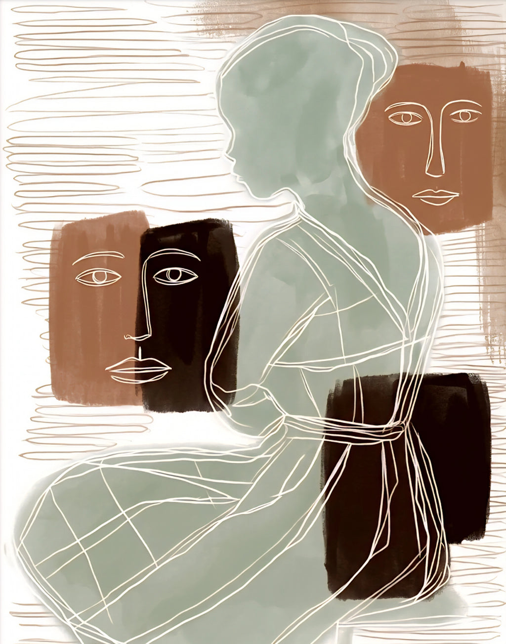 Abstract female silhouette and faces wall art digital download in earth tones with minimalist line drawing on neutral background