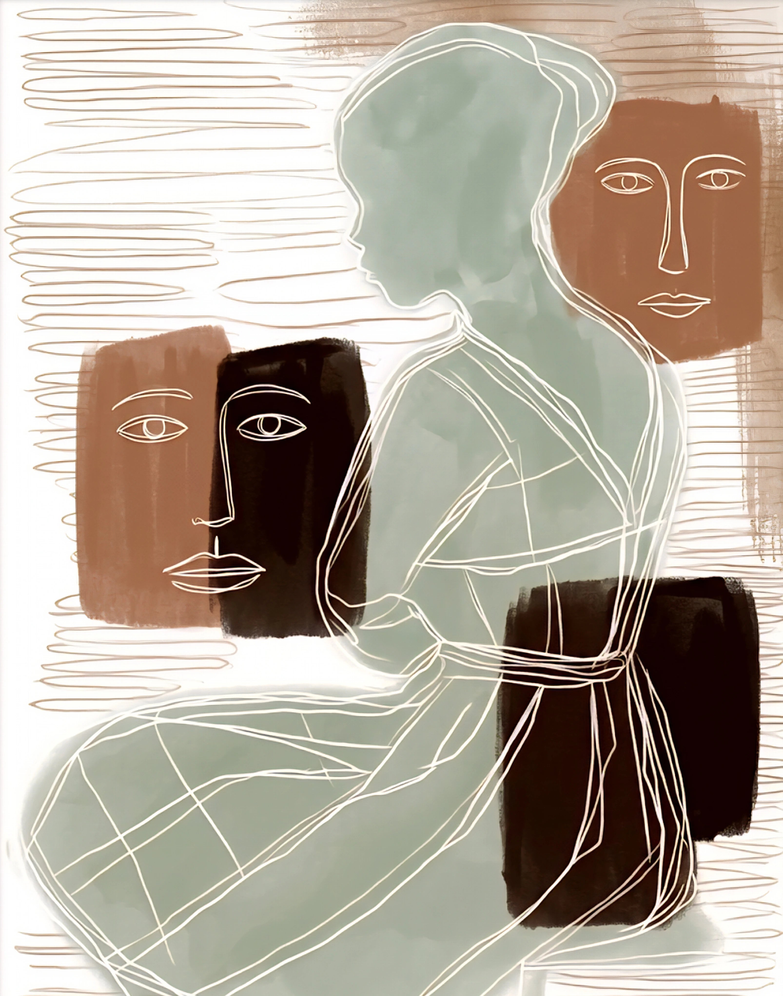 Abstract female silhouette and faces wall art digital download in earth tones with minimalist line drawing on neutral background