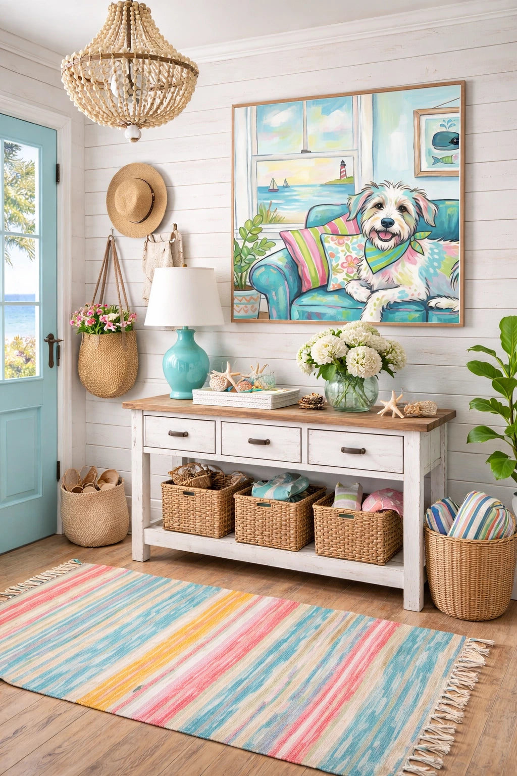 Coastal cottage entryway with colorful dog wall art above white console table, aqua lamp, woven baskets, and beach-inspired decor in bright pastel tones