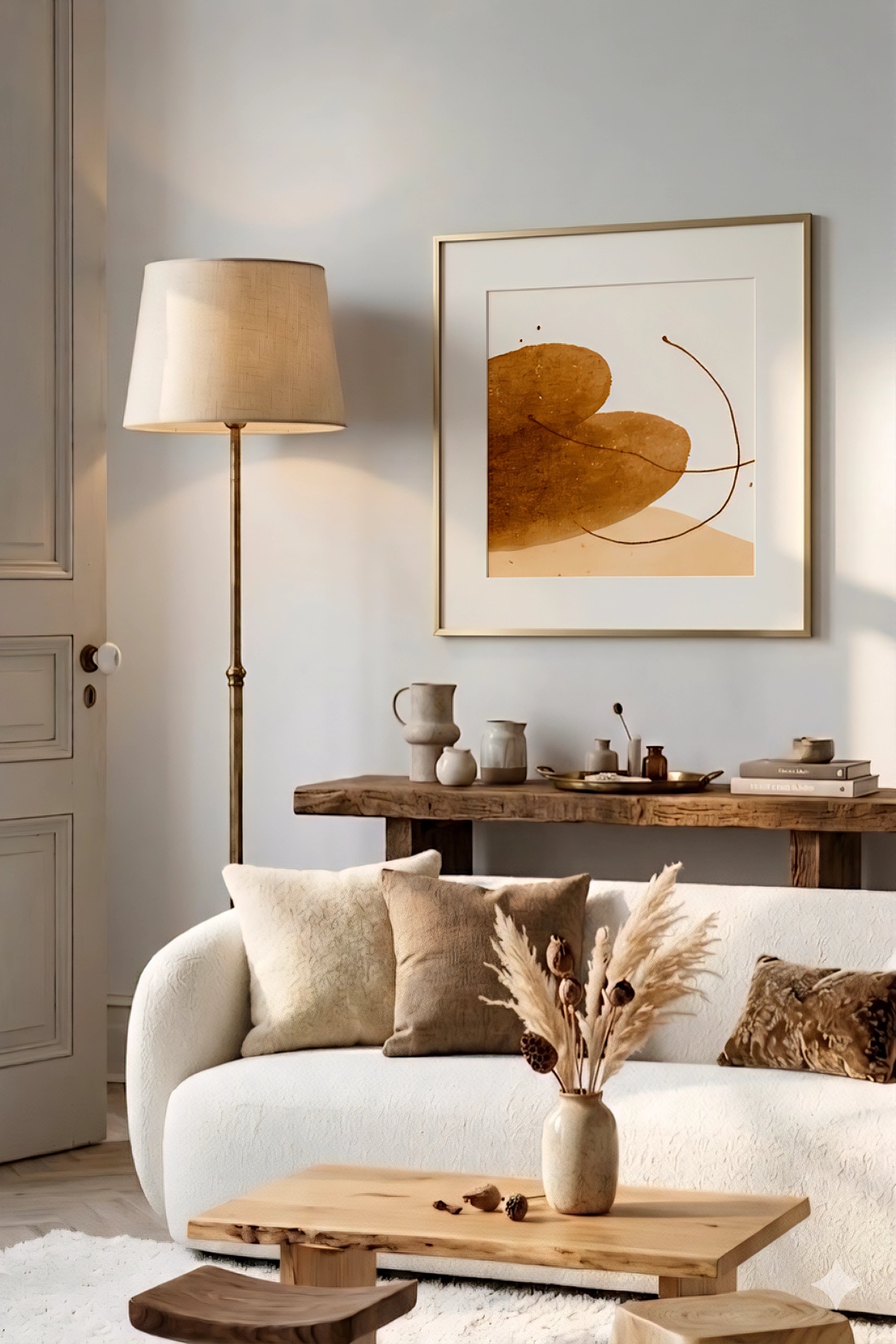 Neutral abstract wall art printable in gold frame above sofa in soft beige living room with minimalist decor and natural textures