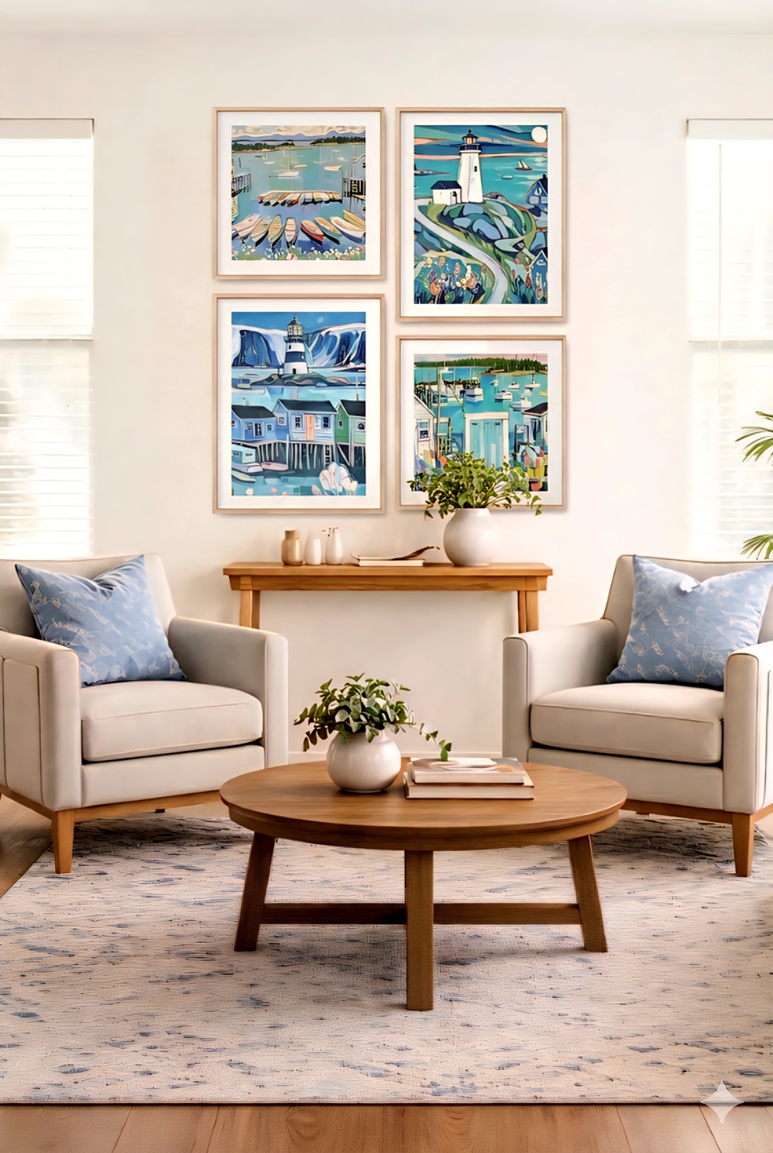 Savvy places coastal wall art set of 4 digital downloads displayed in a bright living room, featuring harbor boats, lighthouse, and seaside village scenes in soft blue tones, framed above a wood console between two neutral armchairs for relaxed coastal decorinspo styling